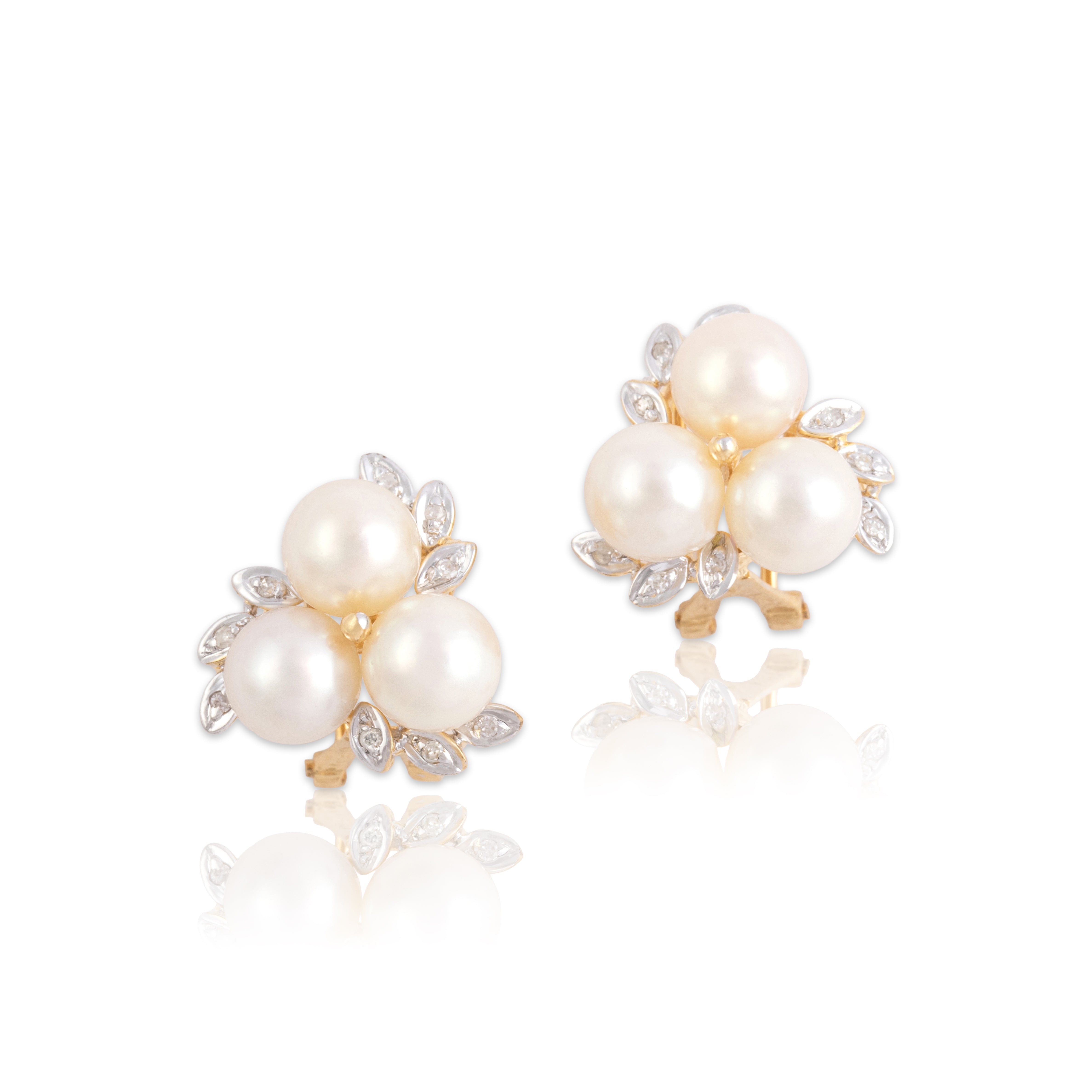 Vintage 14k Yellow & White Gold Pearl Diamond Luminous Leafy Cluster Omega-Back Earrings - Close-up view