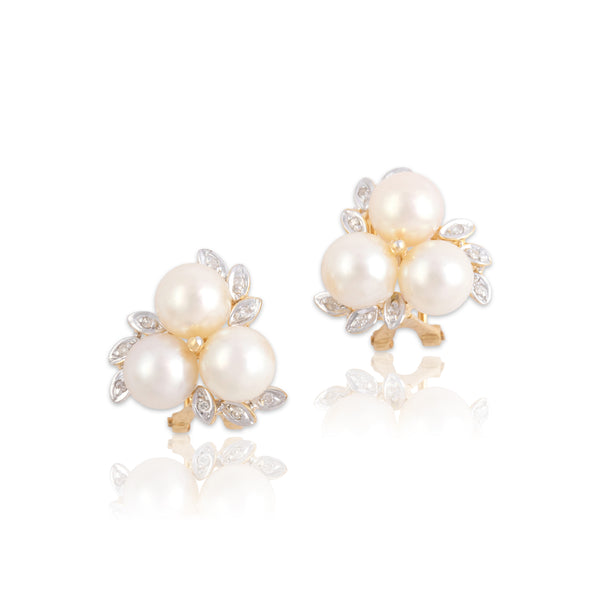 Vintage 14k Yellow & White Gold Pearl Diamond Luminous Leafy Omega-Back Earrings