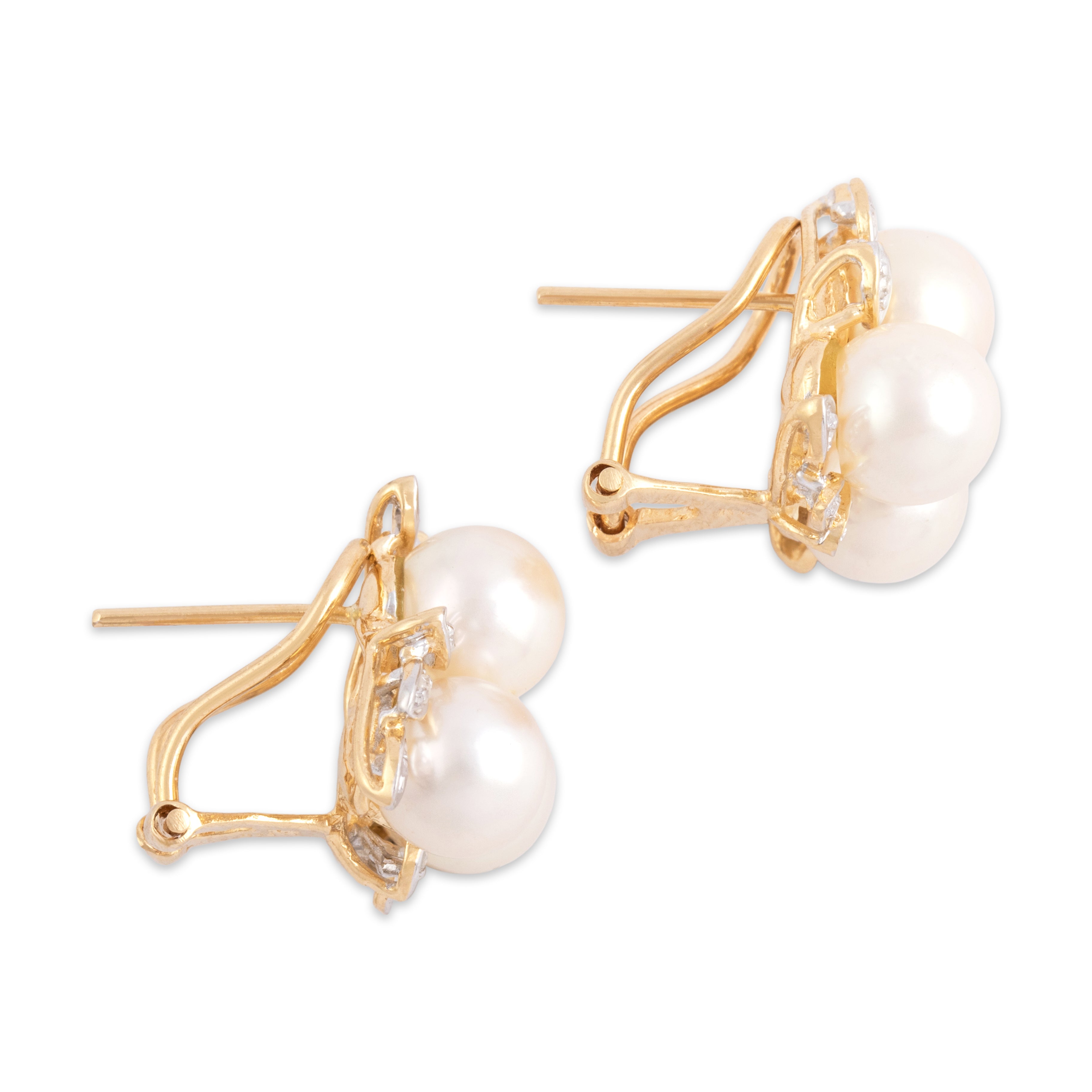 Vintage 14k Yellow & White Gold Pearl Diamond Luminous Leafy Cluster Omega-Back Earrings - Side view