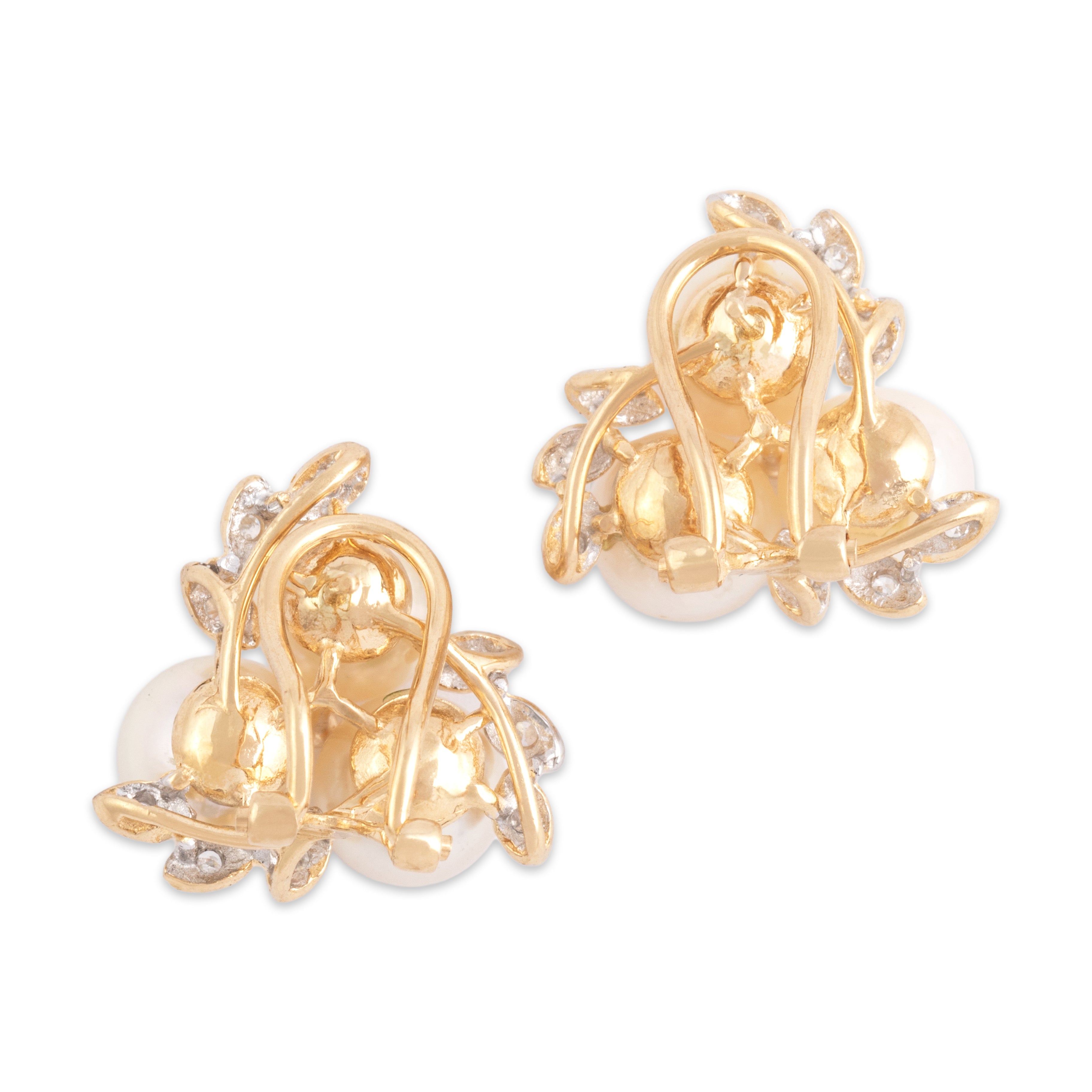 Vintage 14k Yellow & White Gold Pearl Diamond Luminous Leafy Cluster Omega-Back Earrings - Back view
