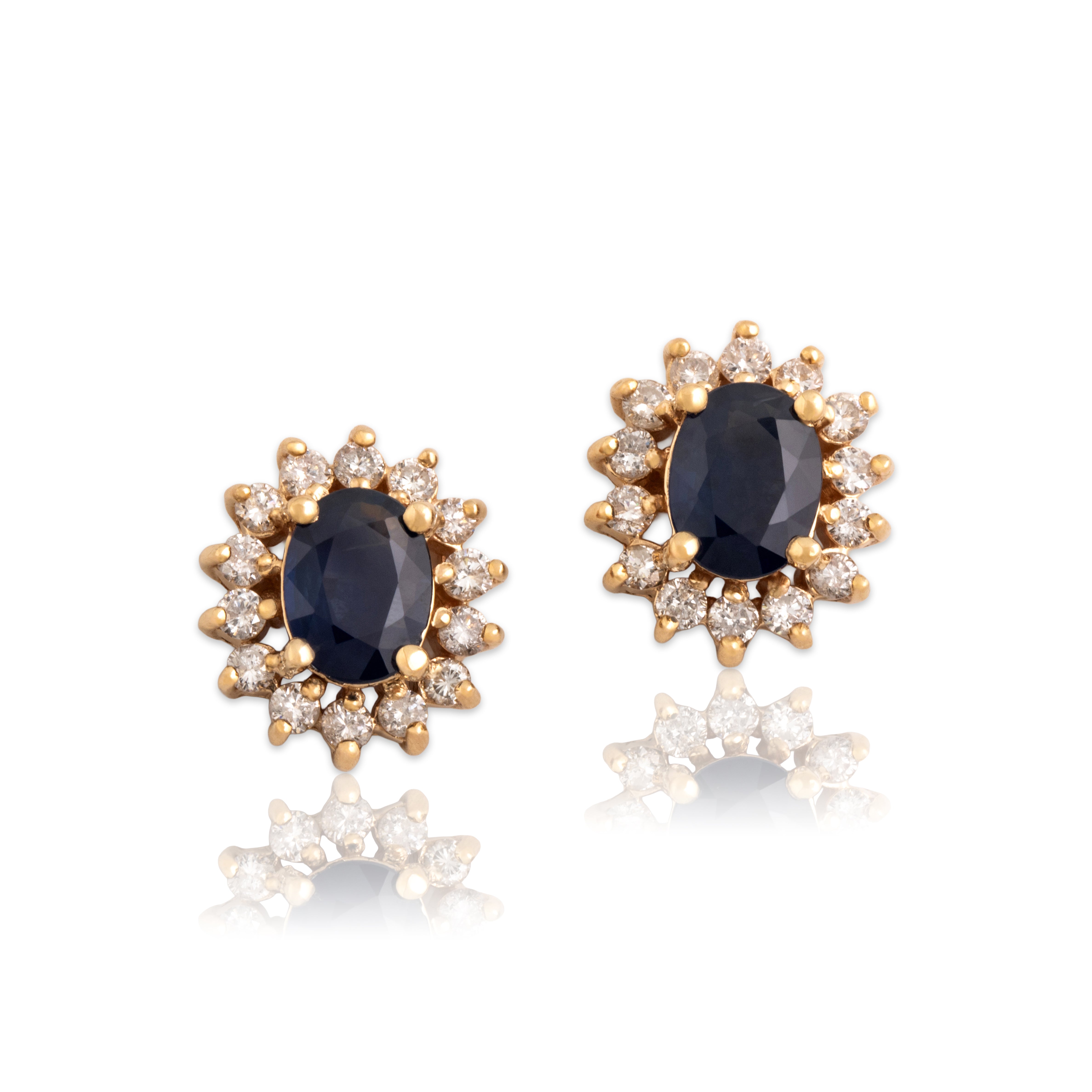 Vintage 14k Yellow Gold 1.74cttw Blue Sapphire .63cttw Diamond Halo Stud Earrings