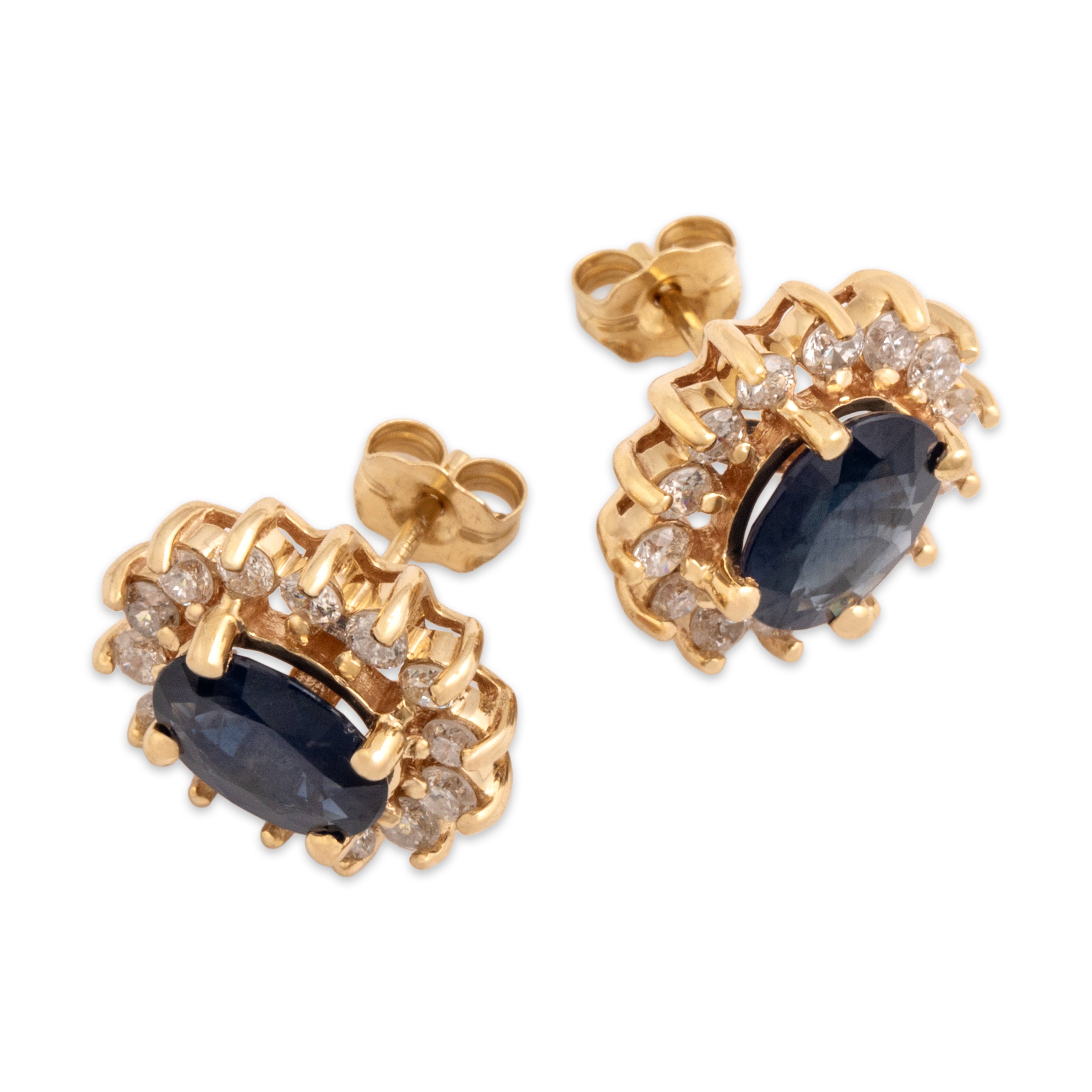 Vintage 14k Yellow Gold 1.74cttw Blue Sapphire .63cttw Diamond Halo Stud Earrings