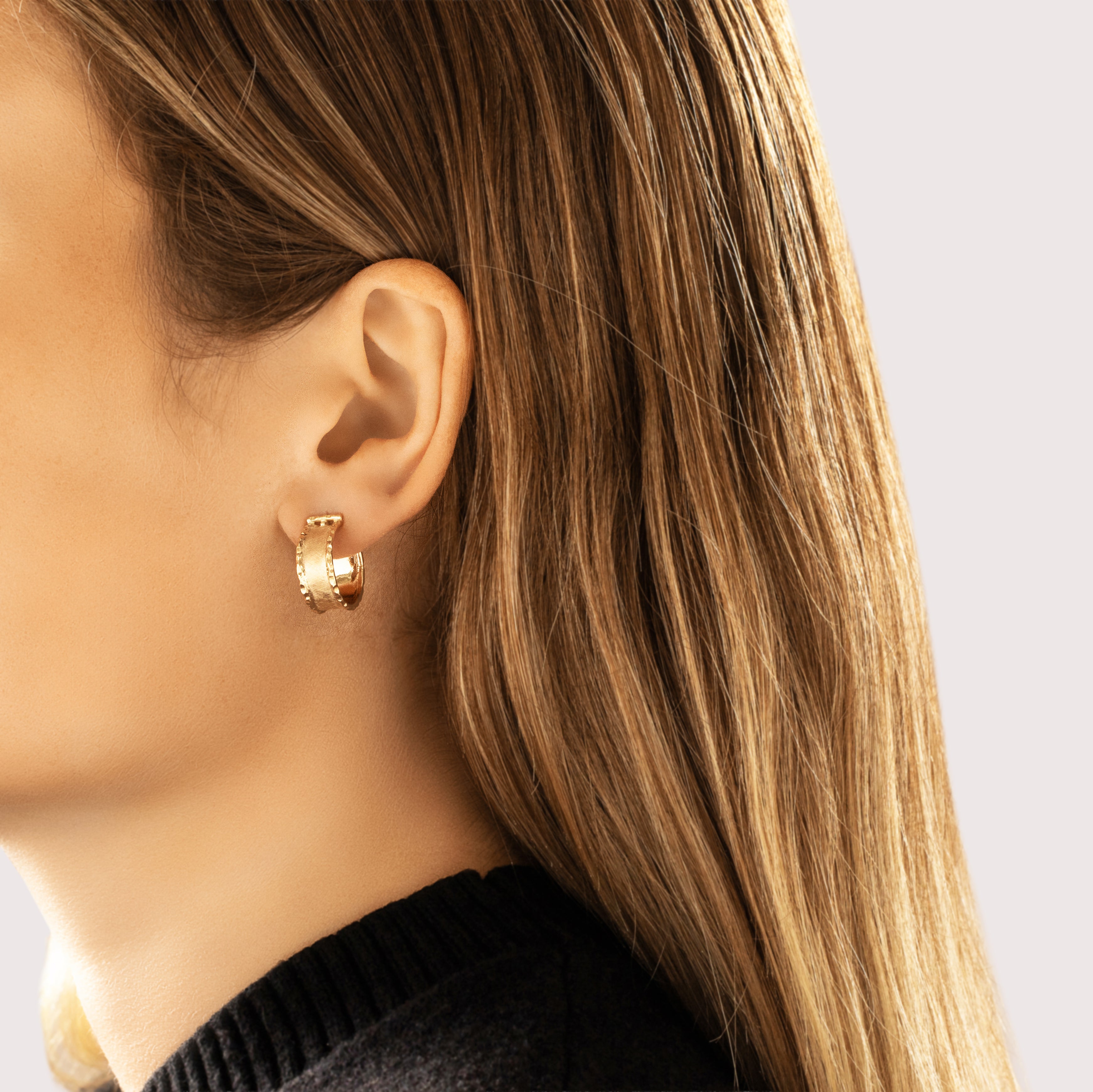 Vintage 14k Yellow Gold Lovely Hammered Brushed Stud Hoop Earrings - On model view