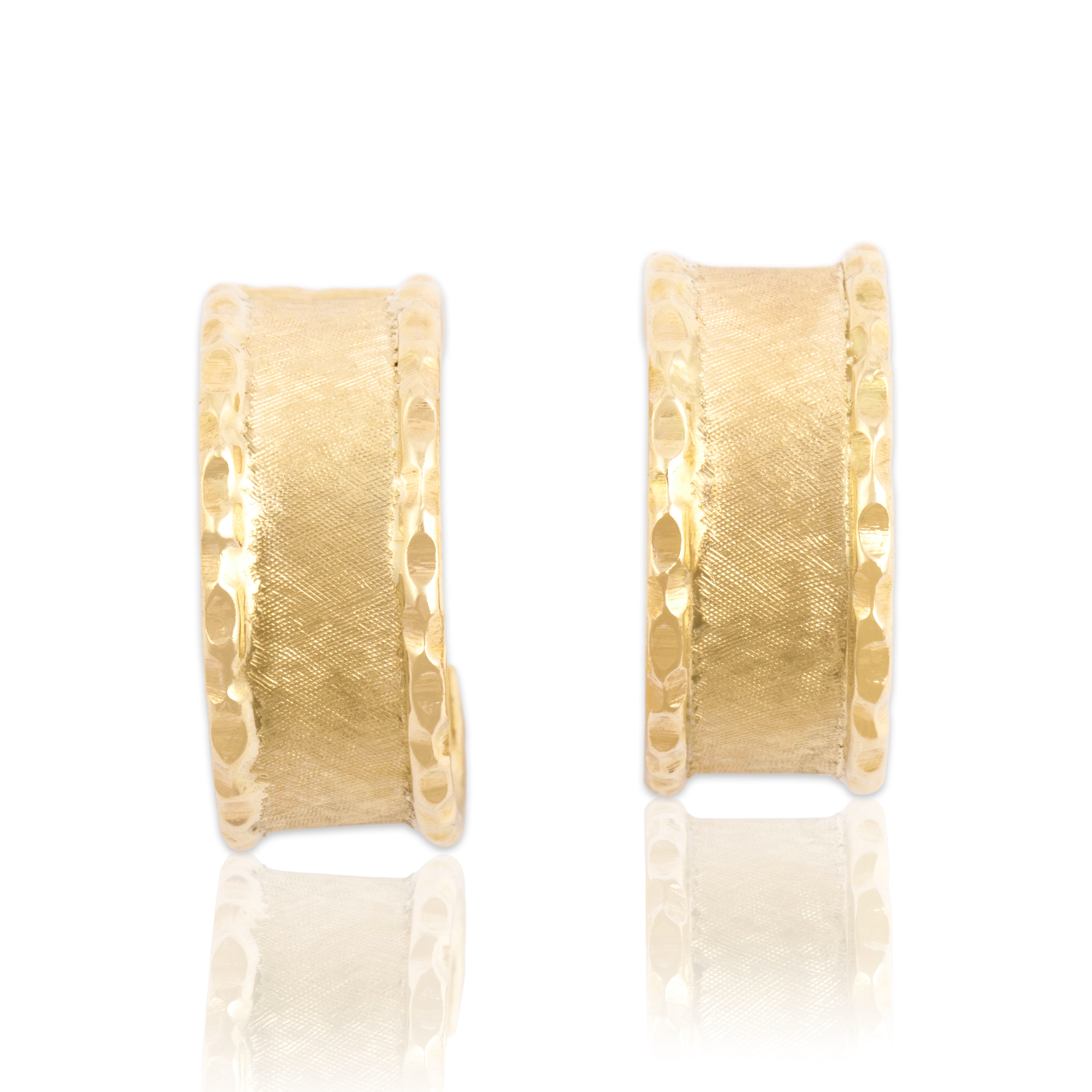 Vintage 14k Yellow Gold Lovely Hammered Brushed Stud Hoop Earrings