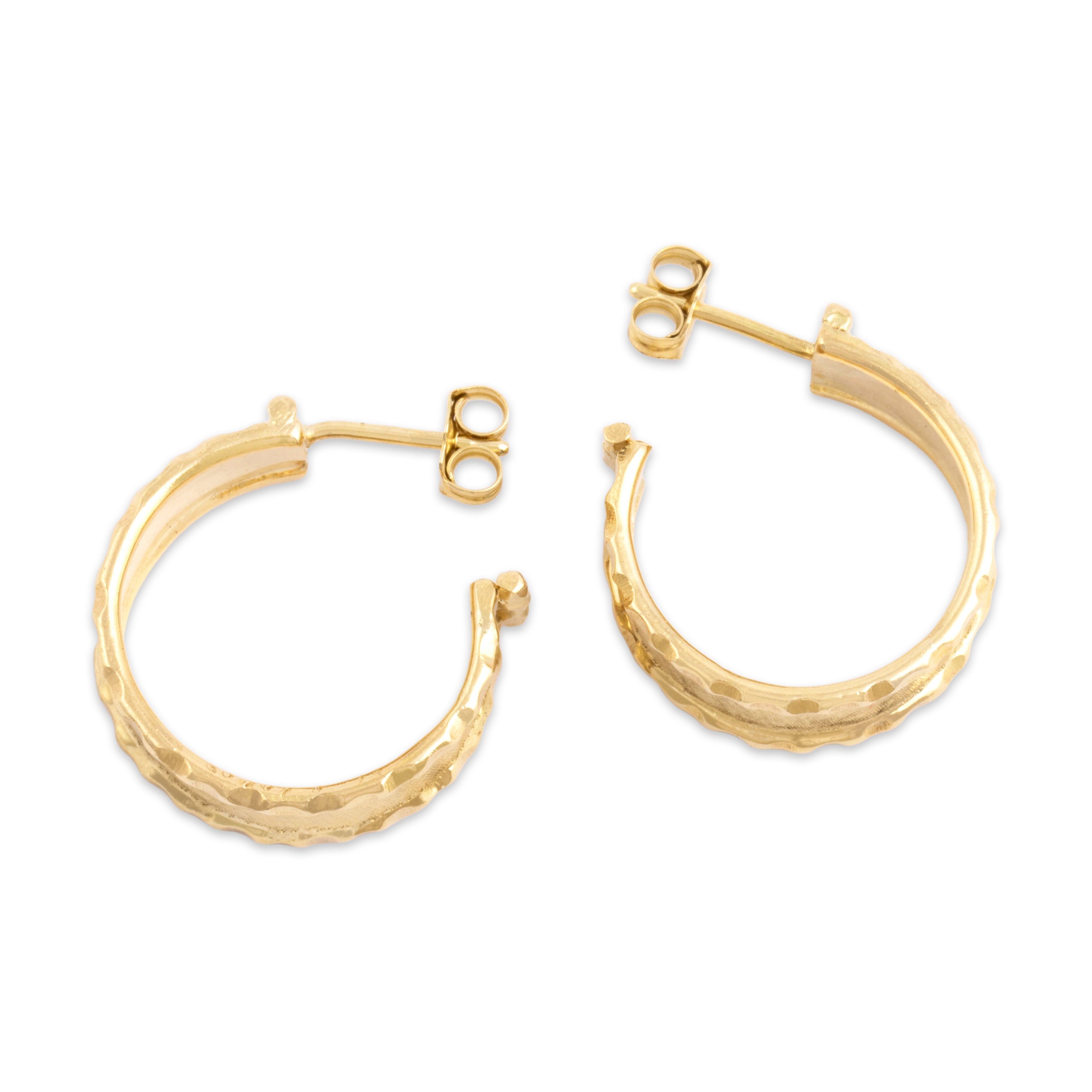 Vintage 14k Yellow Gold Lovely Hammered Brushed Stud Hoop Earrings