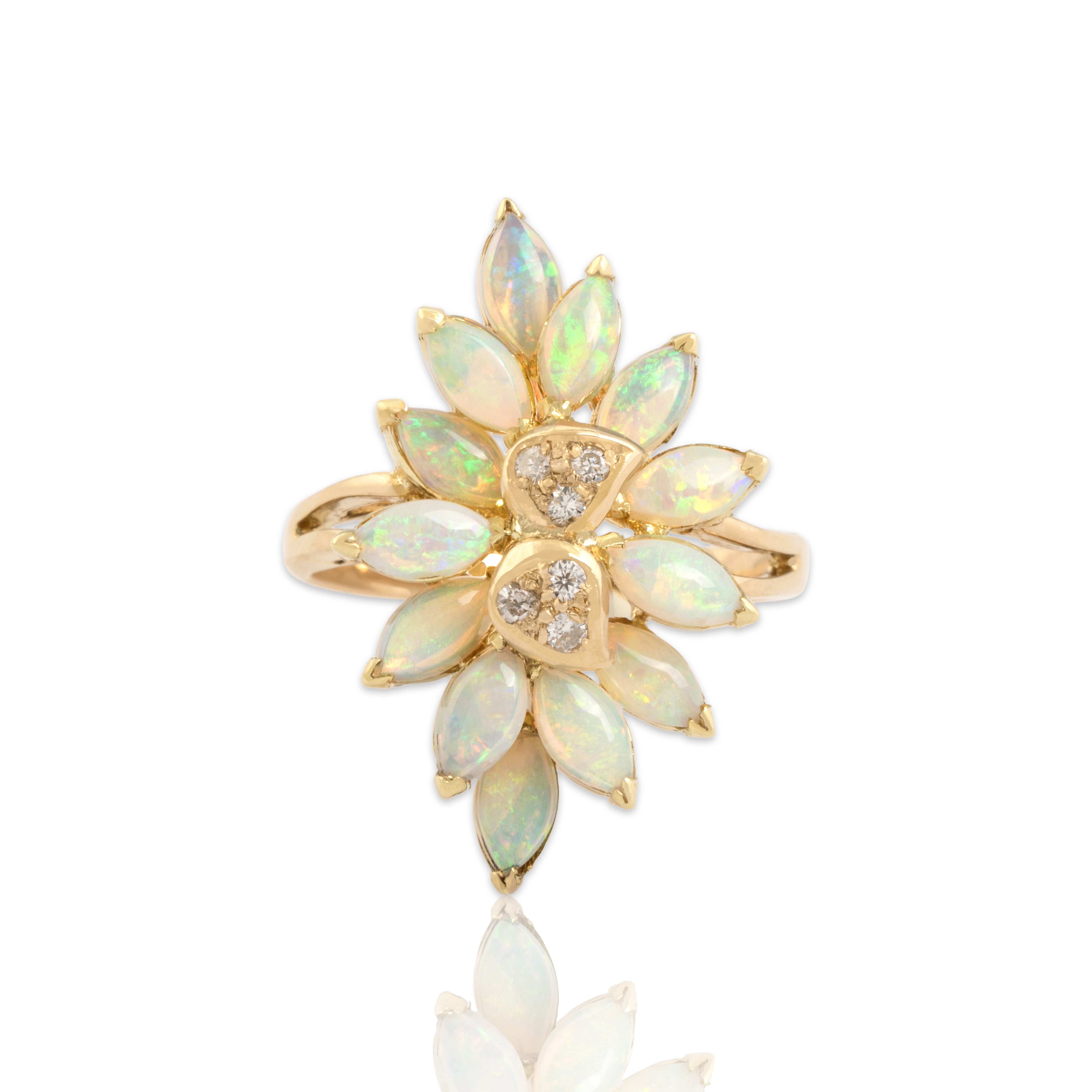 Vintage 14k Yellow Gold 1.87cttw Opal Diamond Shimmering Marquise Cocktail Ring - Close-up view