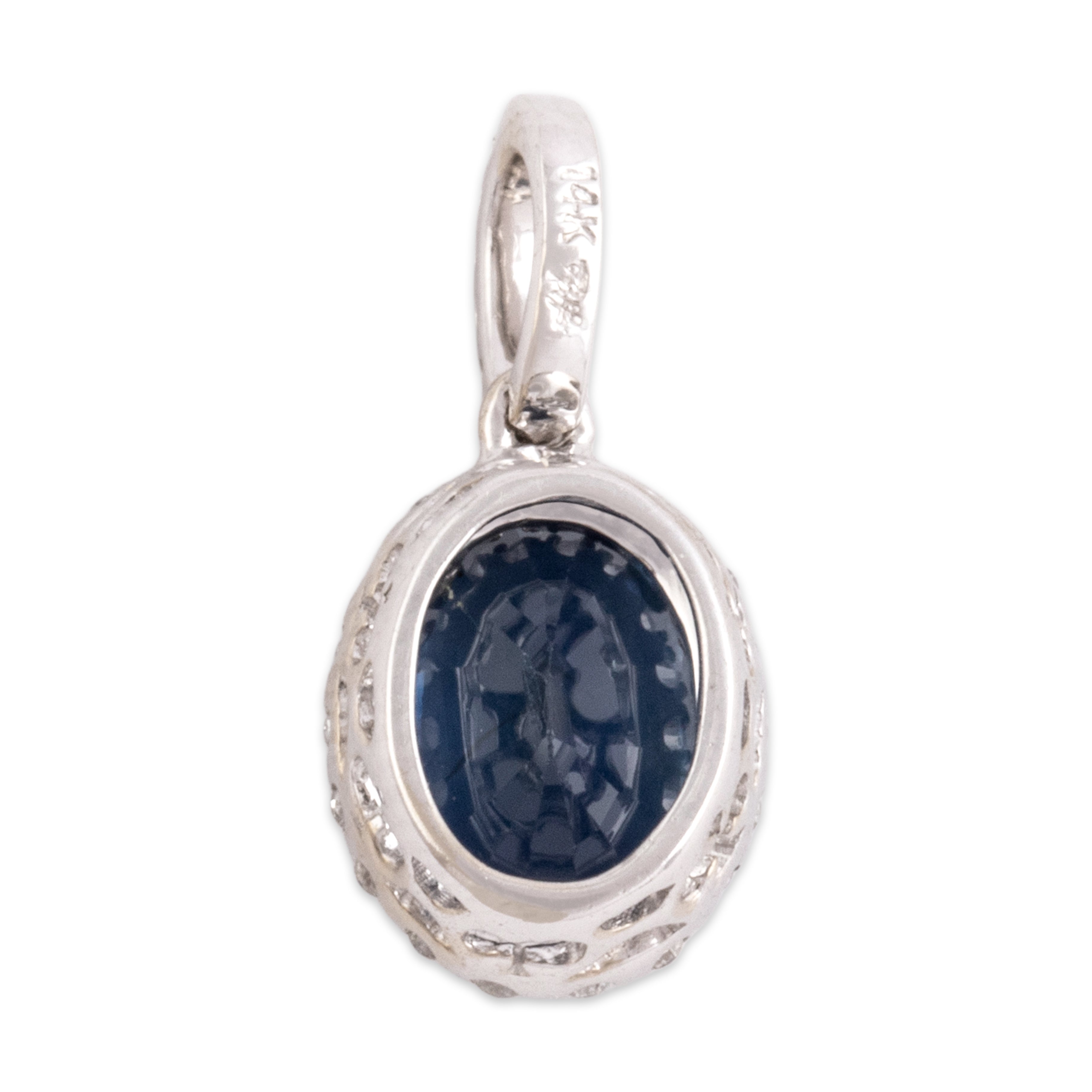 Vintage Small 14k White Gold 1.03ct Sapphire Diamond Dazzling Oval Halo Pendant - Back view