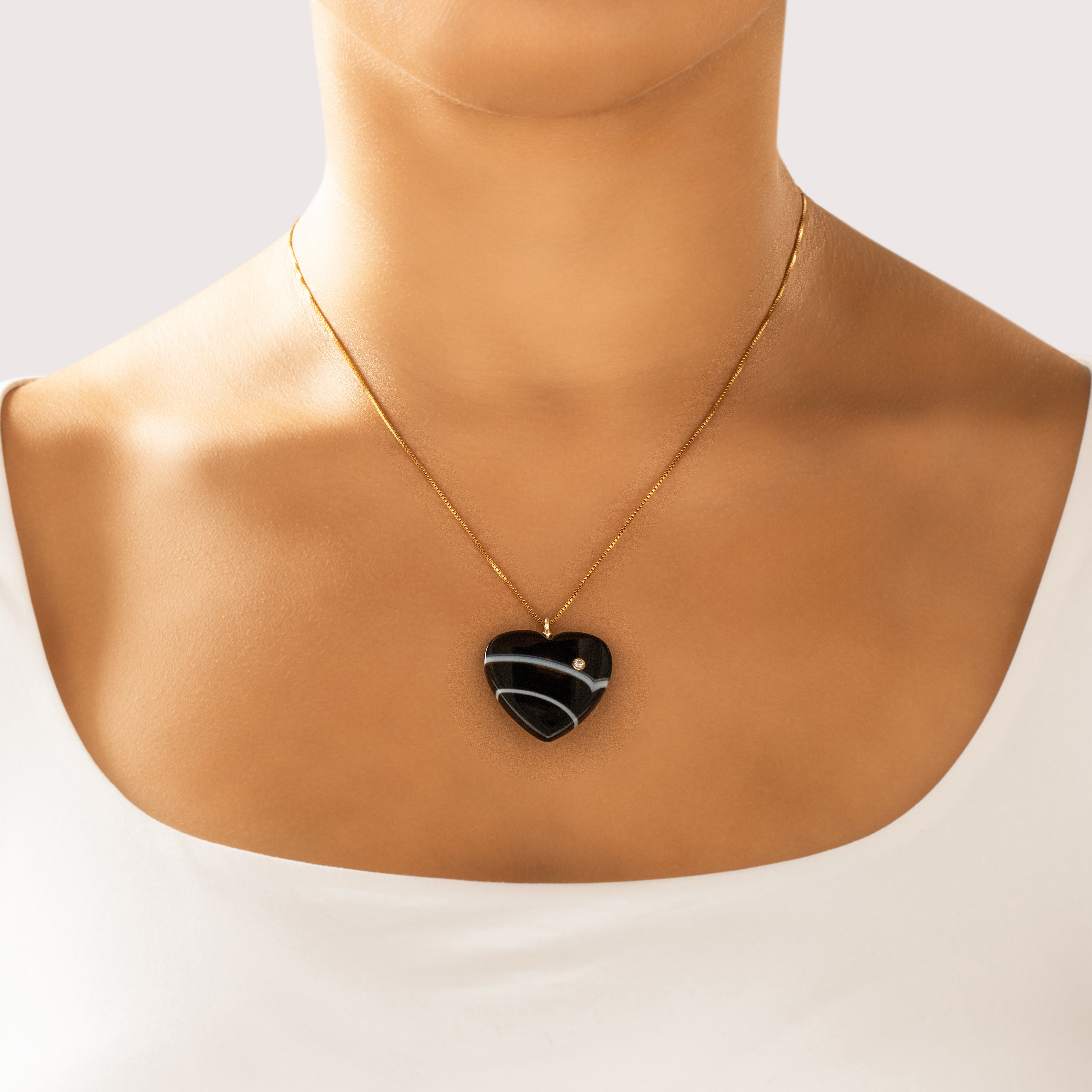 Vintage Large 14k Yellow Gold 39.28ct Banded Agate Diamond Fabulous Carved Adorned Heart Pendant - On model view