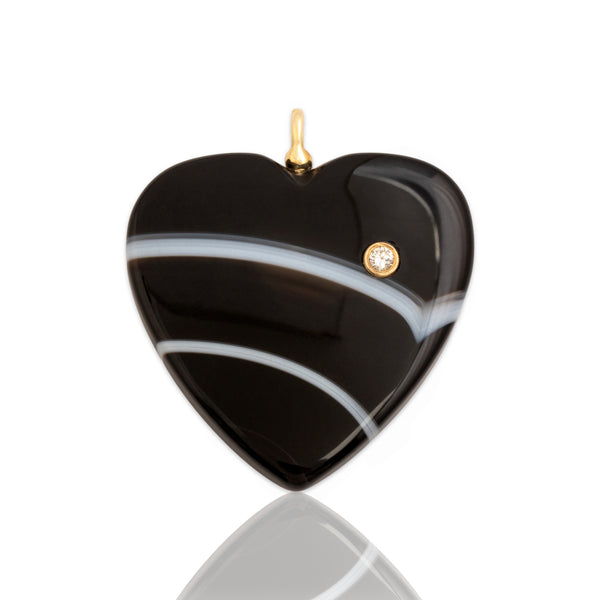 Vintage Large 14k Yellow Gold 39.28ct Banded Agate Diamond Fabulous Heart Pendant