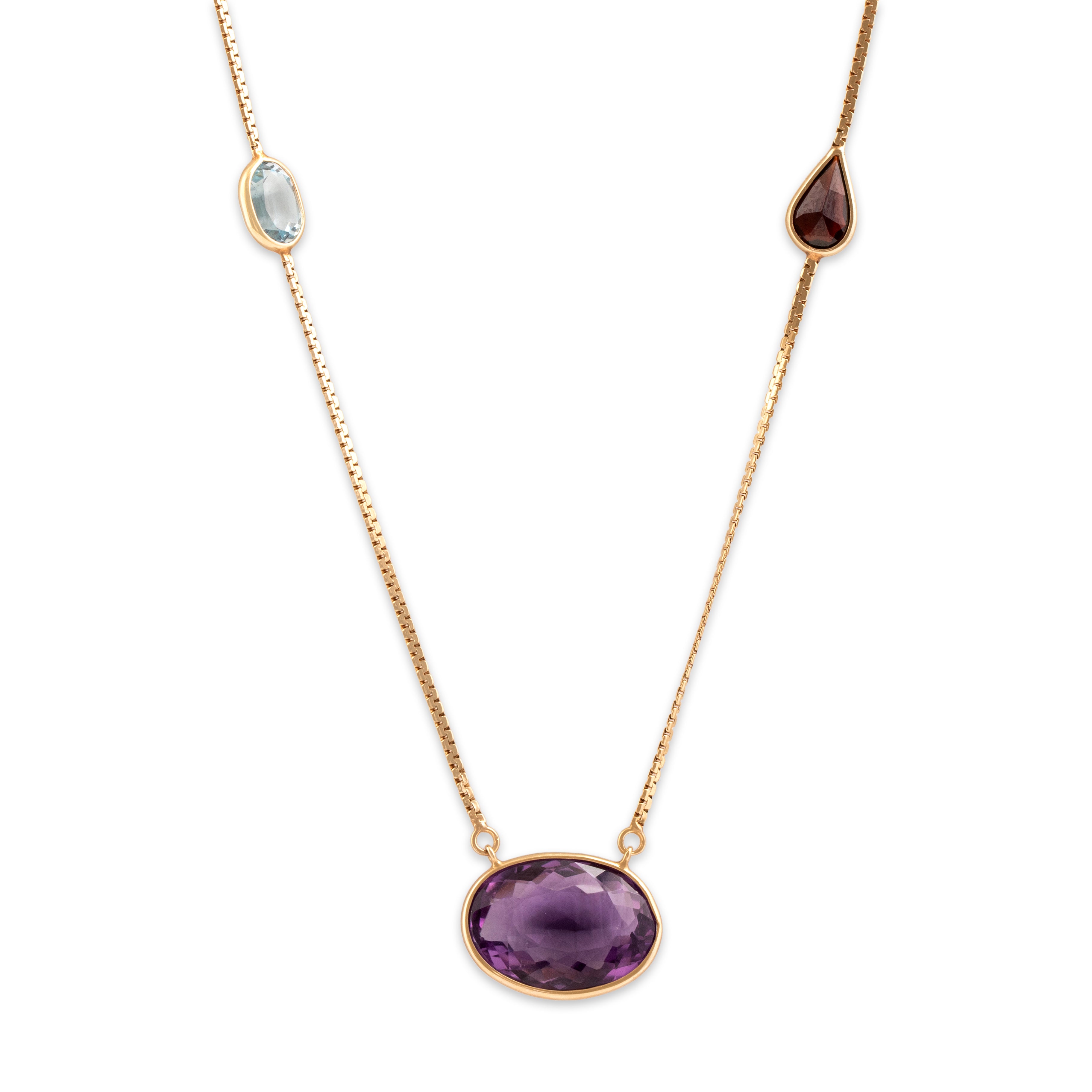 Vintage 14k Yellow Gold 10.51cttw Amethyst 2.79cttw Garnet 2.64cttw Citrine 1.37ct Blue Topaz .93ct Smoky Quartz .86ct Peridot Long Multi-Cut Bezel Station Necklace - Close-up view