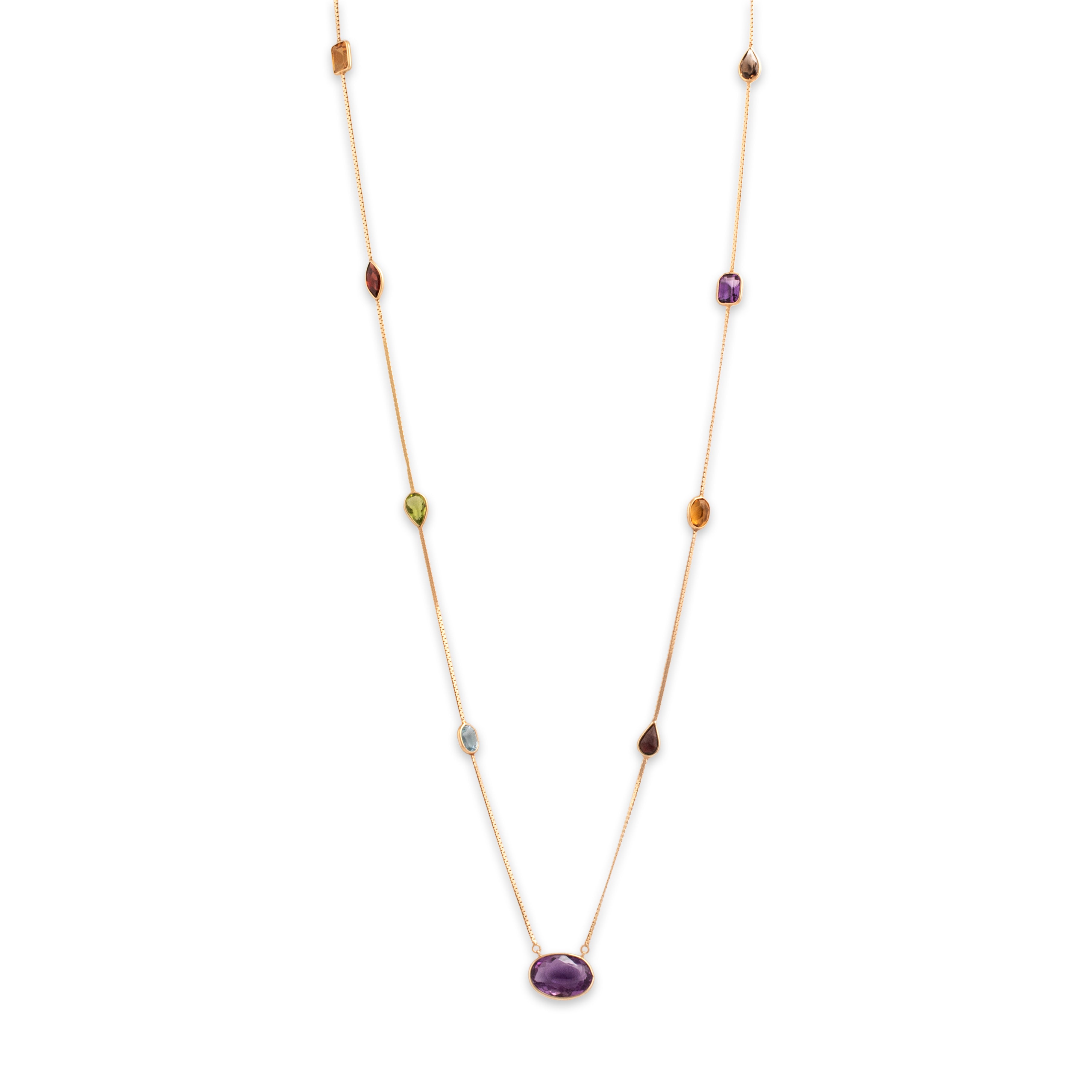 Vintage 14k Yellow Gold 10.51cttw Amethyst 2.79cttw Garnet 2.64cttw Citrine 1.37ct Blue Topaz .93ct Smoky Quartz .86ct Peridot Long Multi-Cut Bezel Station Necklace - detail view #1