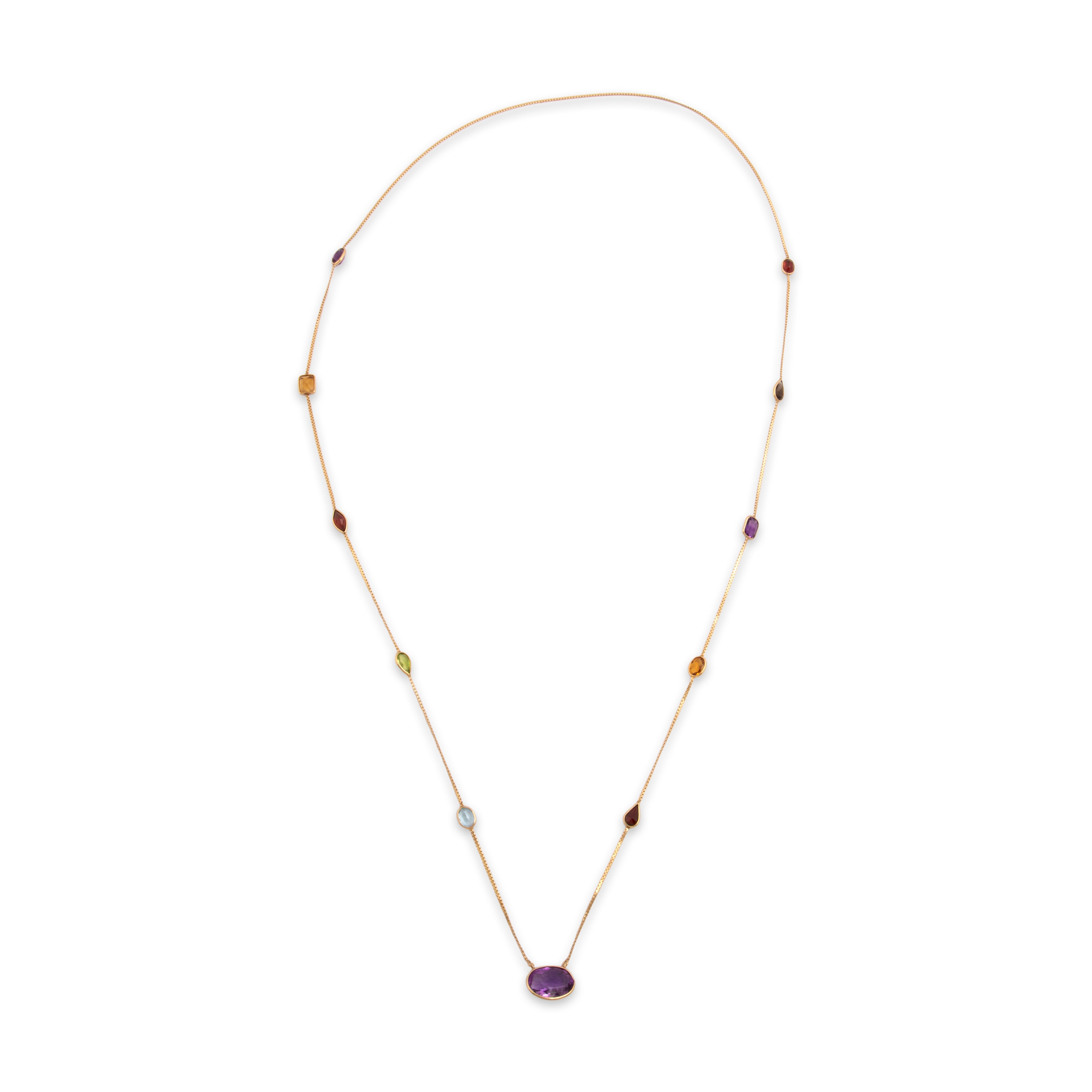 Vintage 14k Yellow Gold 10.51cttw Amethyst 2.79cttw Garnet 2.64cttw Citrine 1.37ct Blue Topaz .93ct Smoky Quartz .86ct Peridot Long Multi-Cut Bezel Station Necklace - Overall view