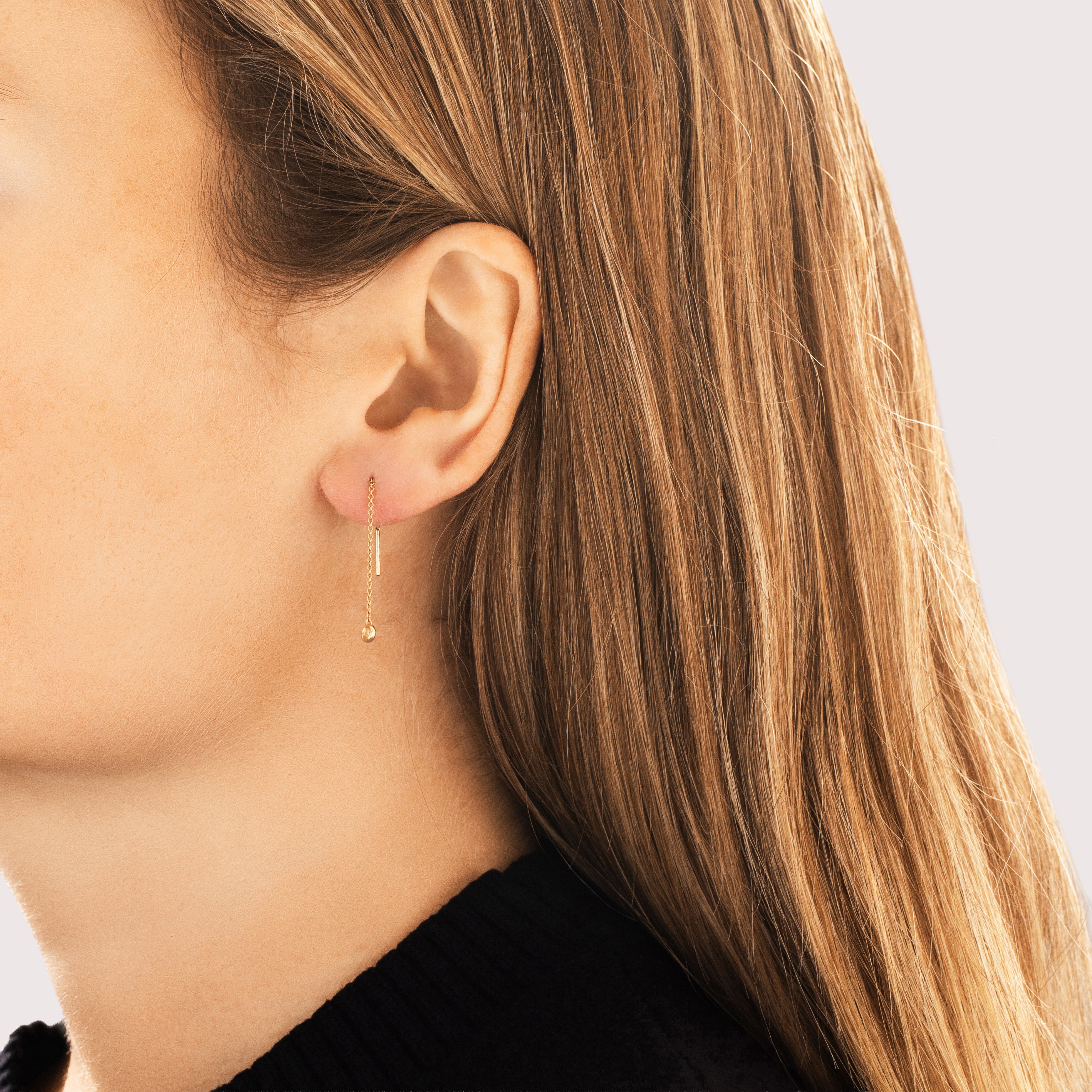 Estate Italian 14k Yellow Gold Diamond Dainty Bezel Threader Drop Dangle Earrings - On model view