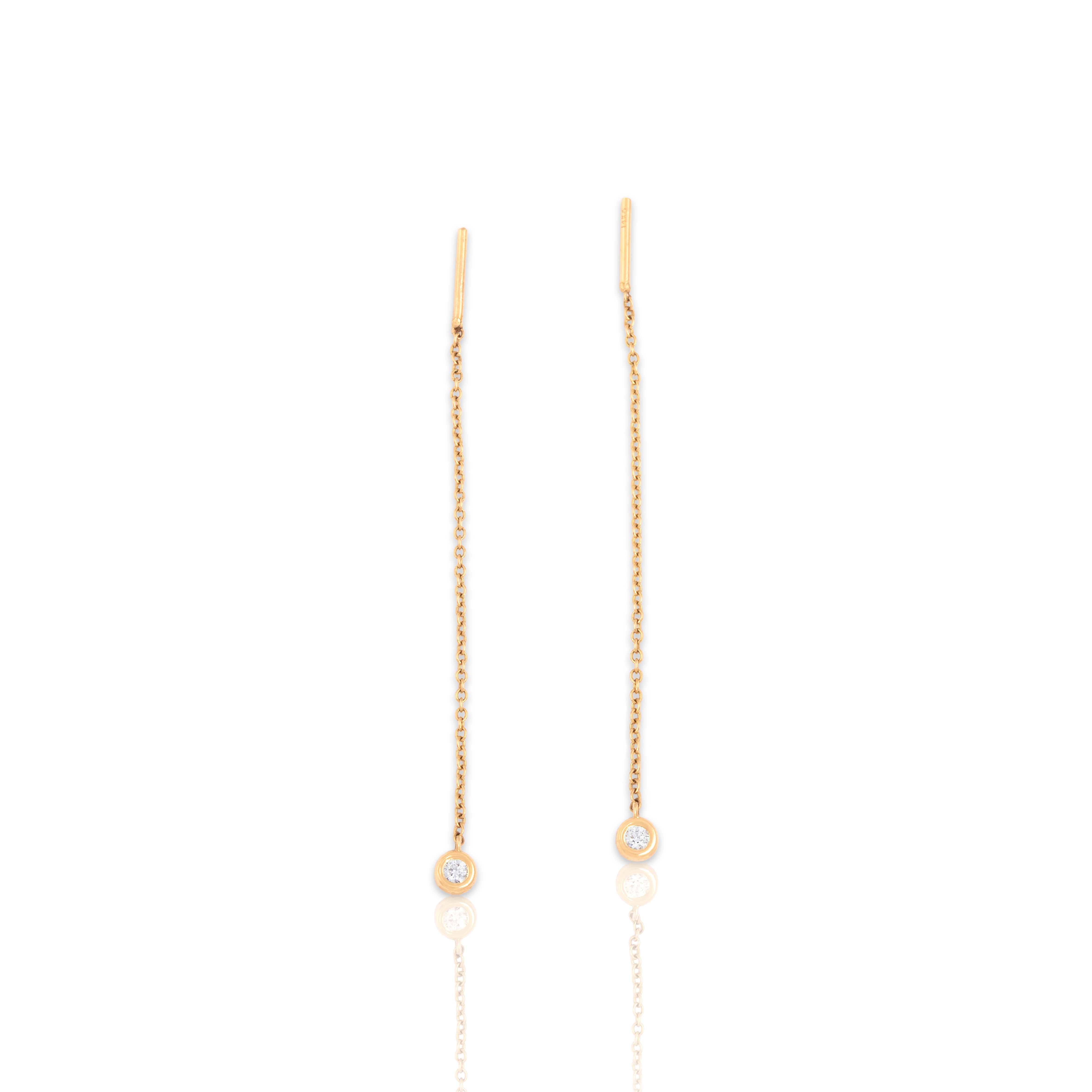 Estate Italian 14k Yellow Gold Diamond Dainty Bezel Threader Drop Dangle Earrings