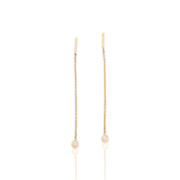 Estate Italian 14k Yellow Gold Diamond Dainty Bezel Threader Drop Dangle Earrings