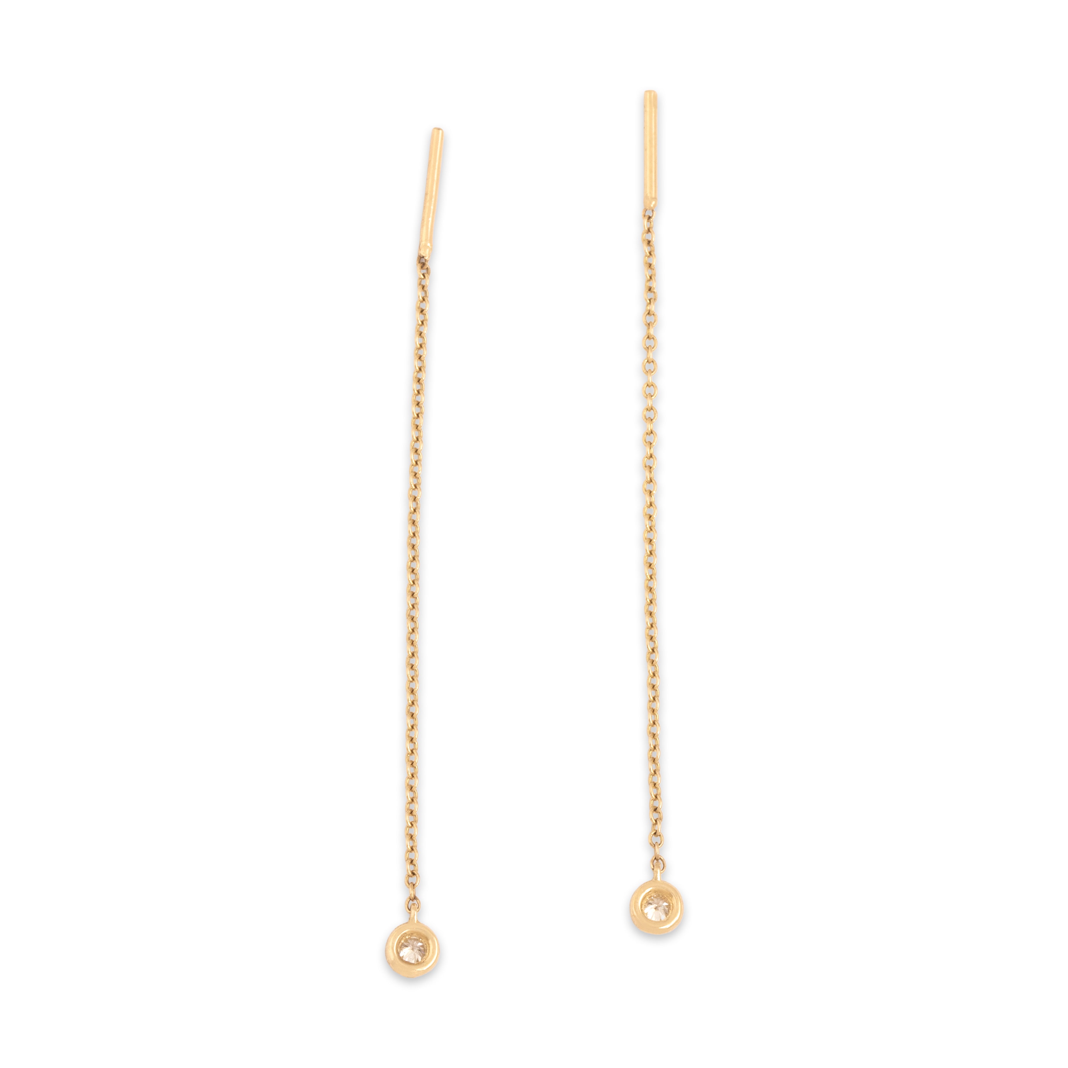 Estate Italian 14k Yellow Gold Diamond Dainty Bezel Threader Drop Dangle Earrings - Overall view