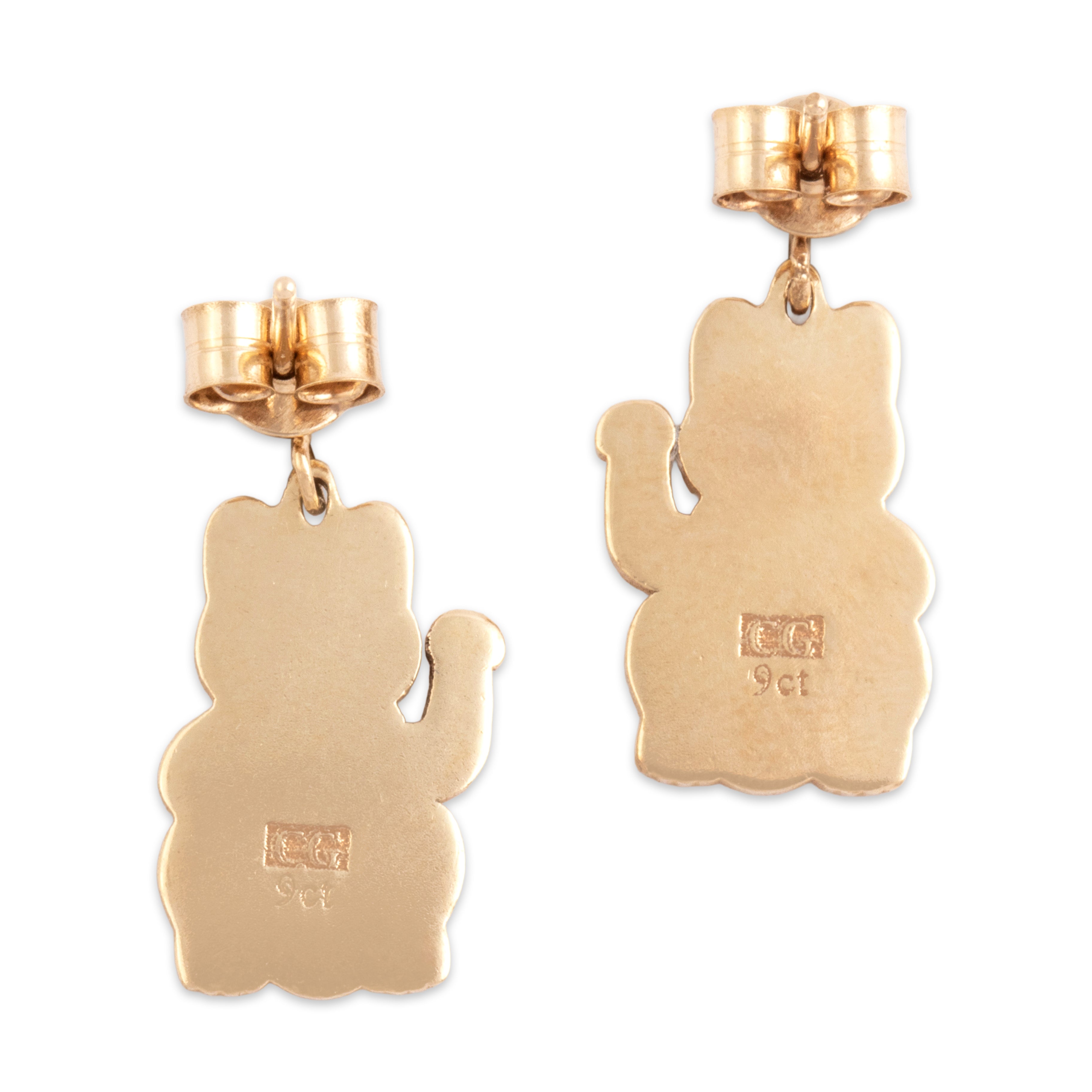Estate 9k Yellow Gold Maneki-Neko Lucky Cat Dangle Earrings - Back view