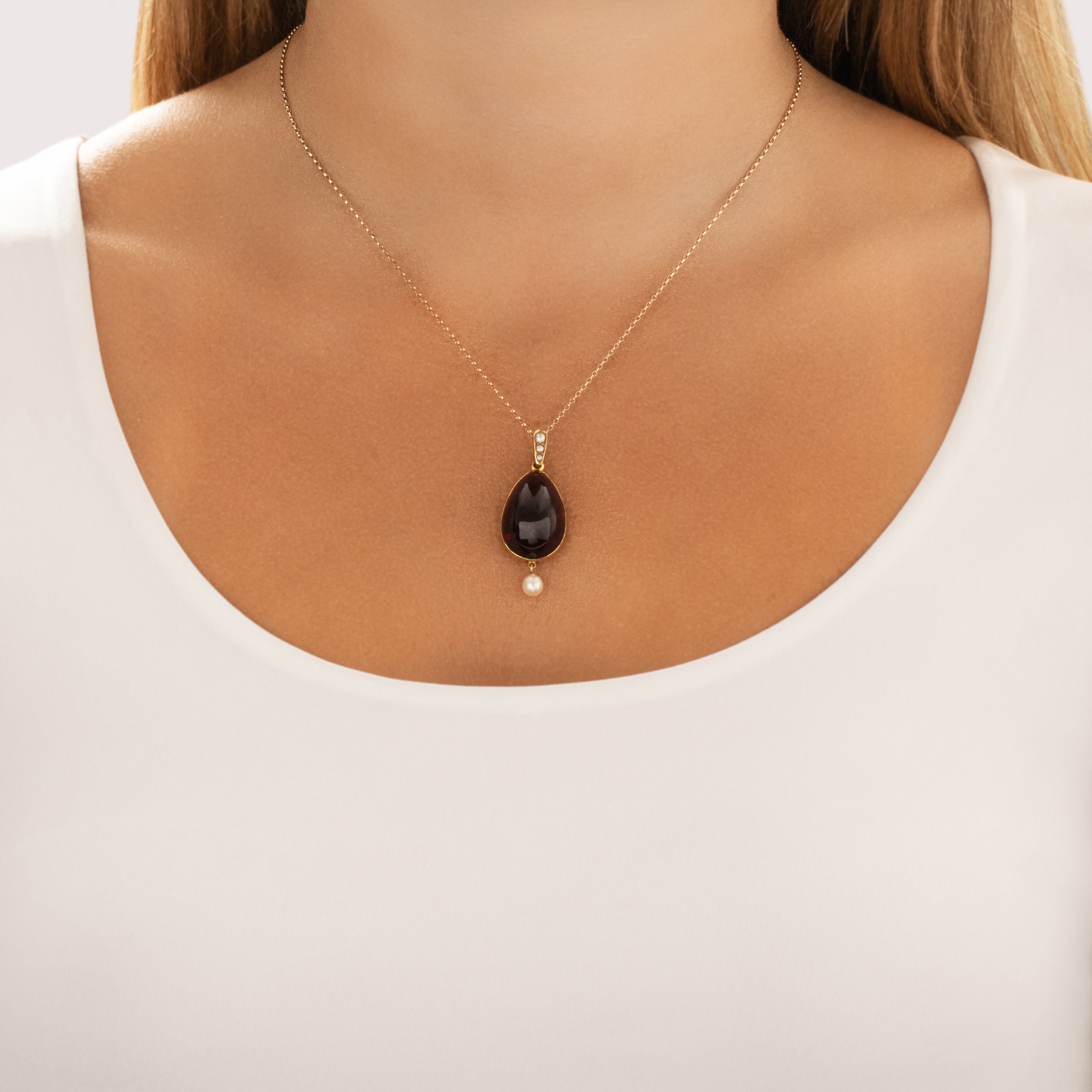 Antique Victorian 14k Yellow Gold 27.42ct Foil-Backed Garnet Pearl Dome Hairwork Pendant - On model view
