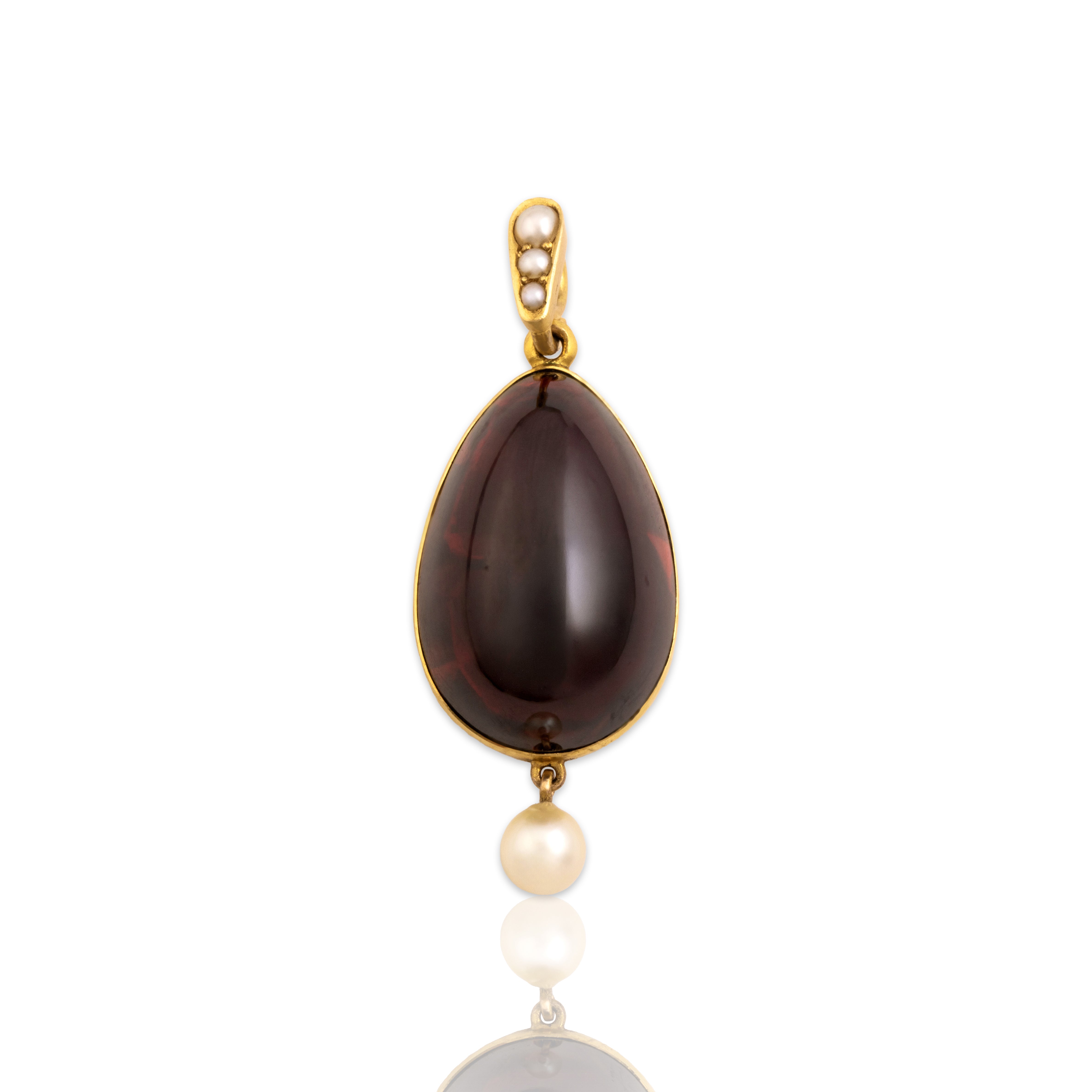 Antique Victorian 14k Yellow Gold 27.42ct Foil-Backed Garnet Pearl Dome Pendant