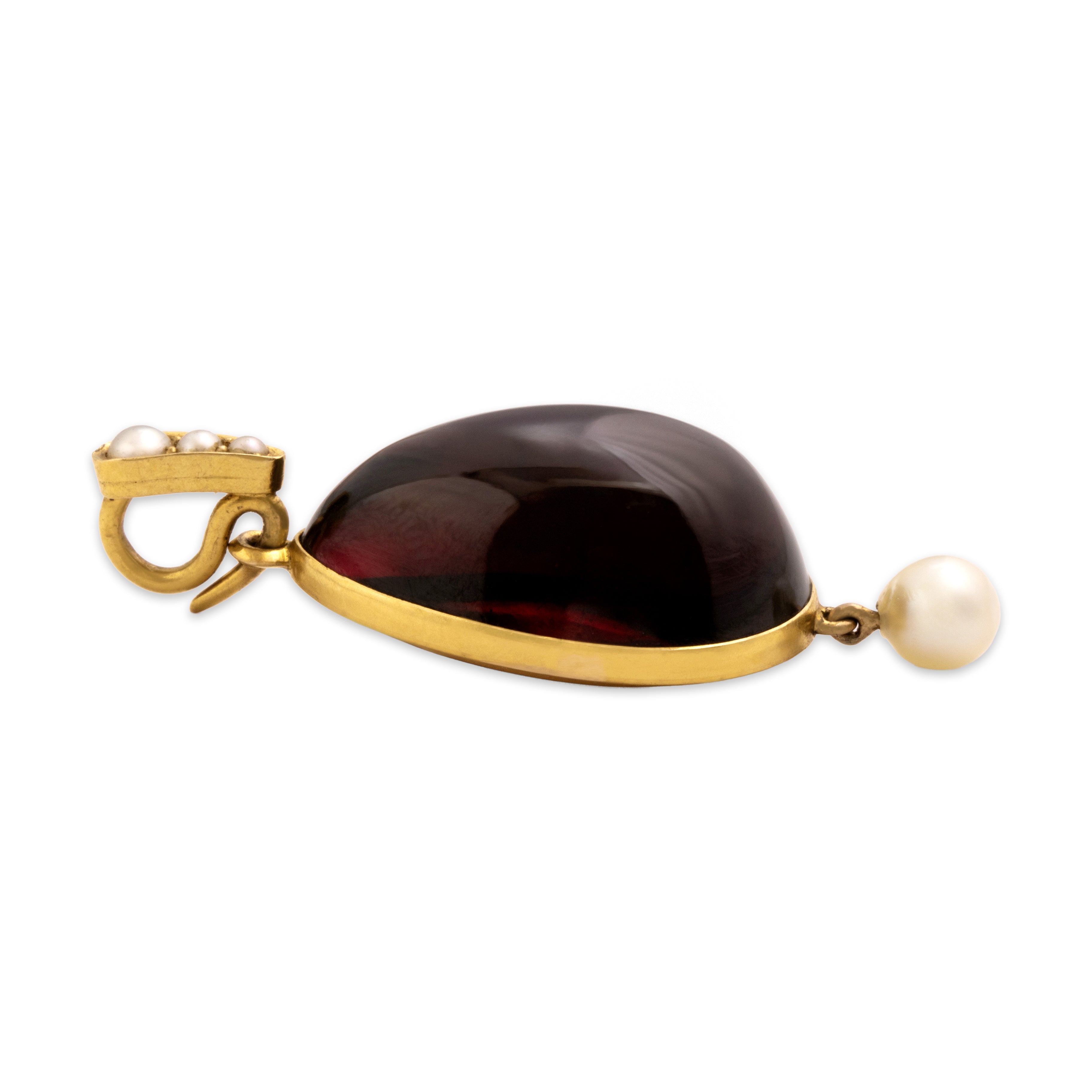 Antique Victorian 14k Yellow Gold 27.42ct Foil-Backed Garnet Pearl Dome Hairwork Pendant - Side view