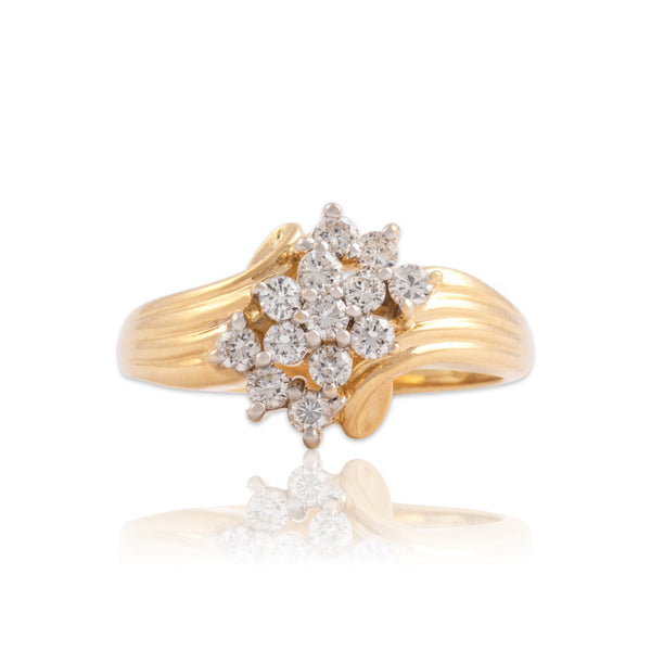 Vintage 14k Yellow Gold Diamond Elegant Ribbed Floriform Cluster Ring 6.50