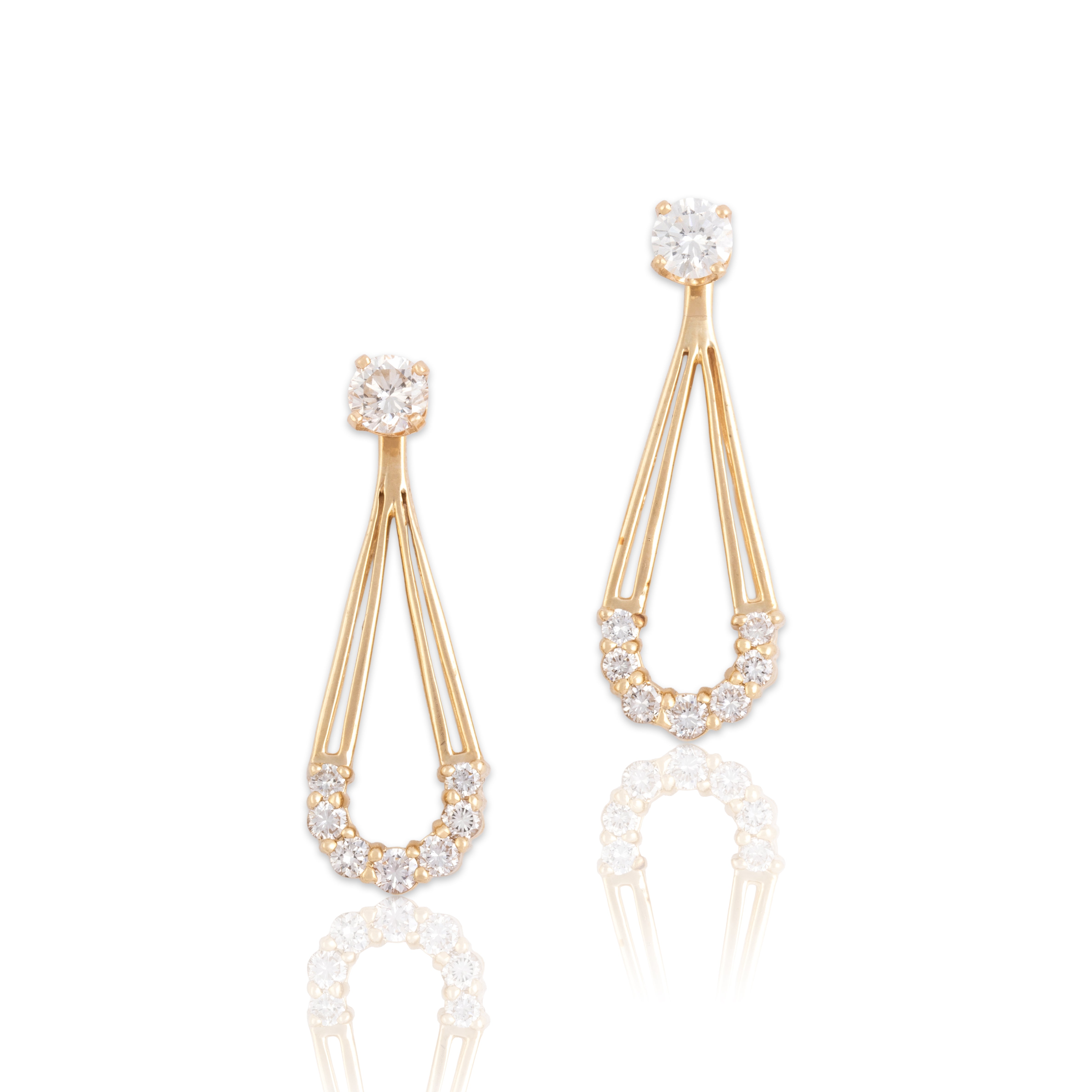 Vintage 14k Yellow Gold 1.01cttw Diamond Sparkling Drop Convertible Dangle Stud Earrings - Close-up view