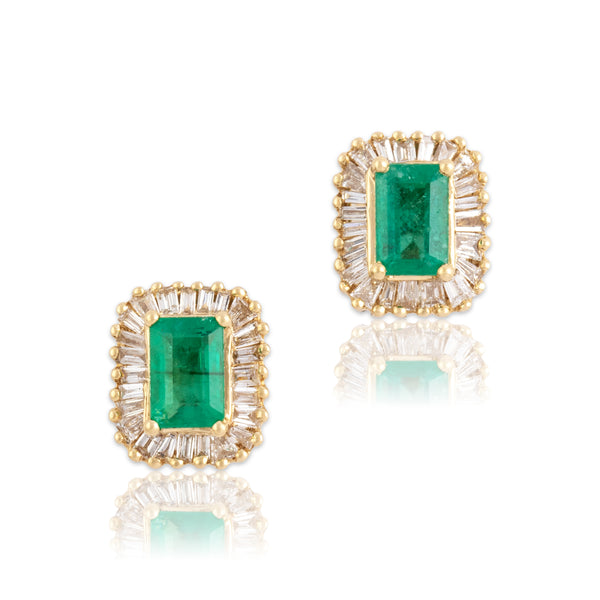 Vintage 14k Yellow Gold 1.02cttw Emerald Diamond Wonderful Halo Stud Earrings