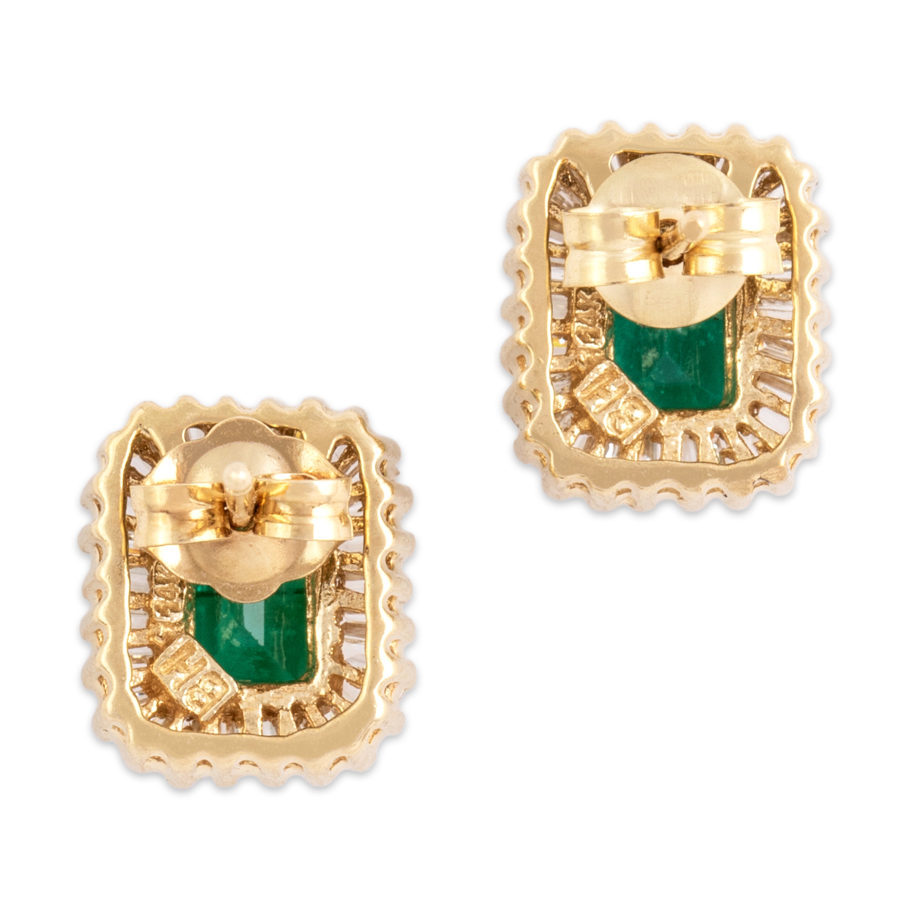 Vintage 14k Yellow Gold 1.02cttw Emerald Diamond Wonderful Rectangular Halo Stud Earrings - Back view