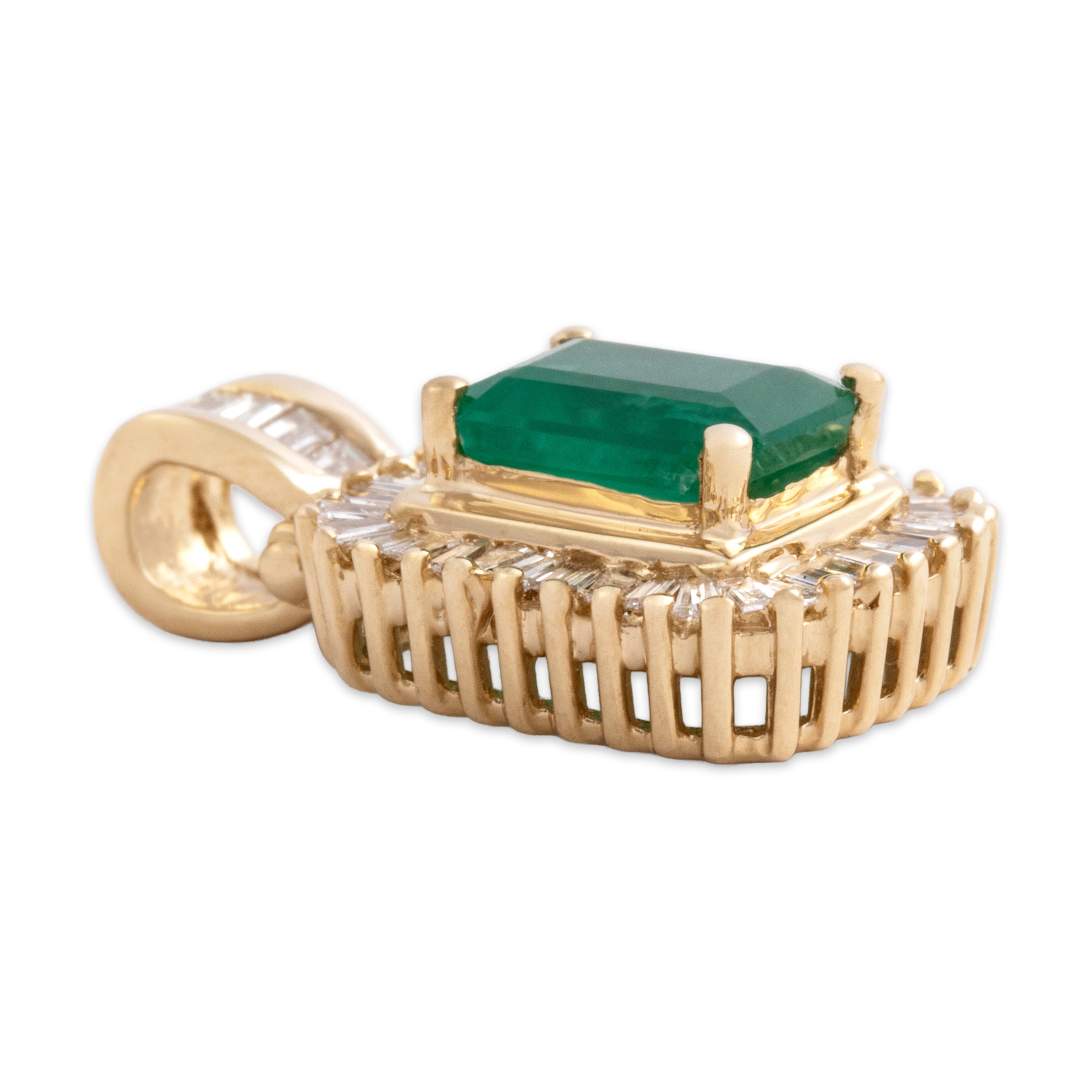 Vintage 14k Yellow Gold 1.3ct Emerald Diamond Glittering Baguette Halo Pendant - Side view