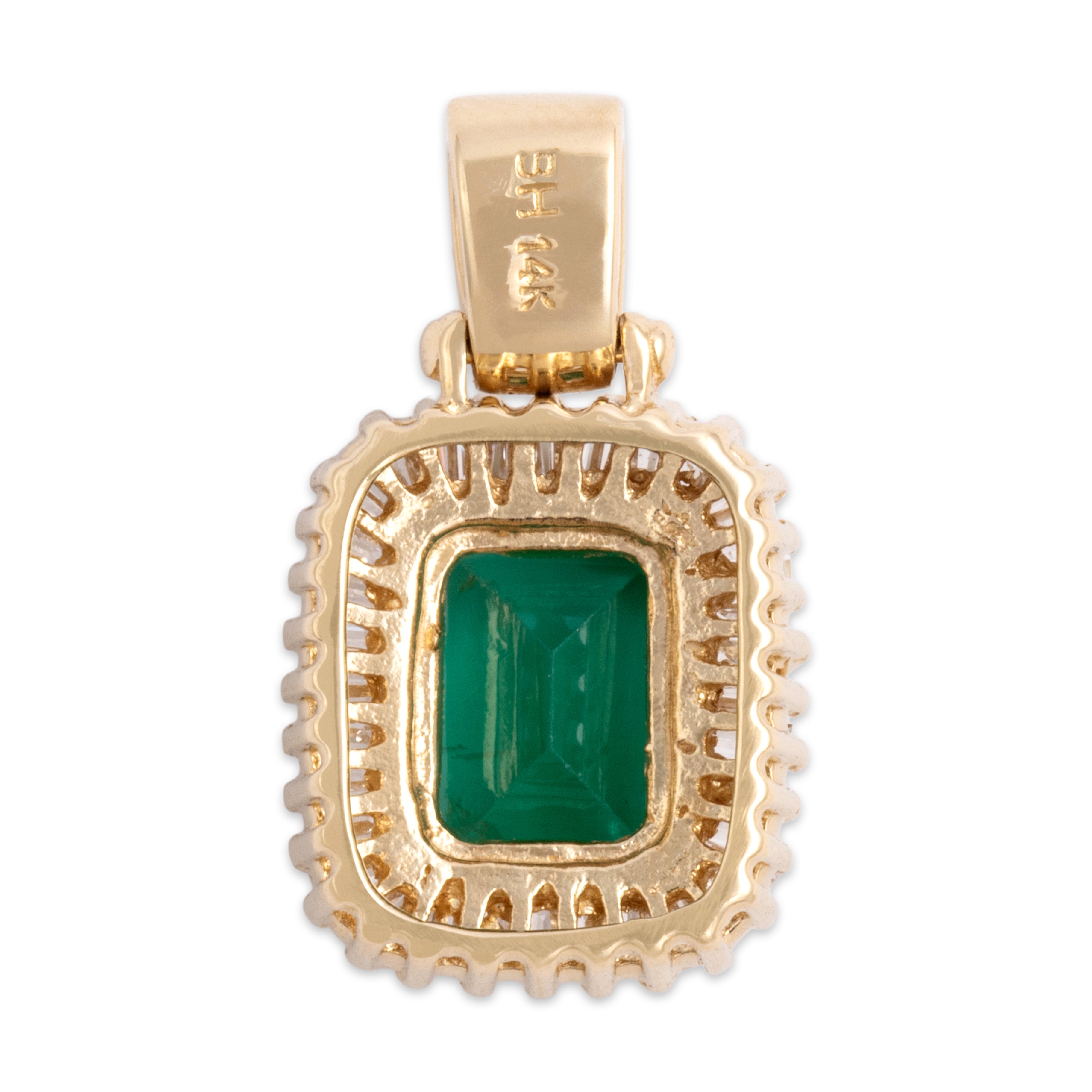 Vintage 14k Yellow Gold 1.3ct Emerald Diamond Glittering Baguette Halo Pendant - Back view