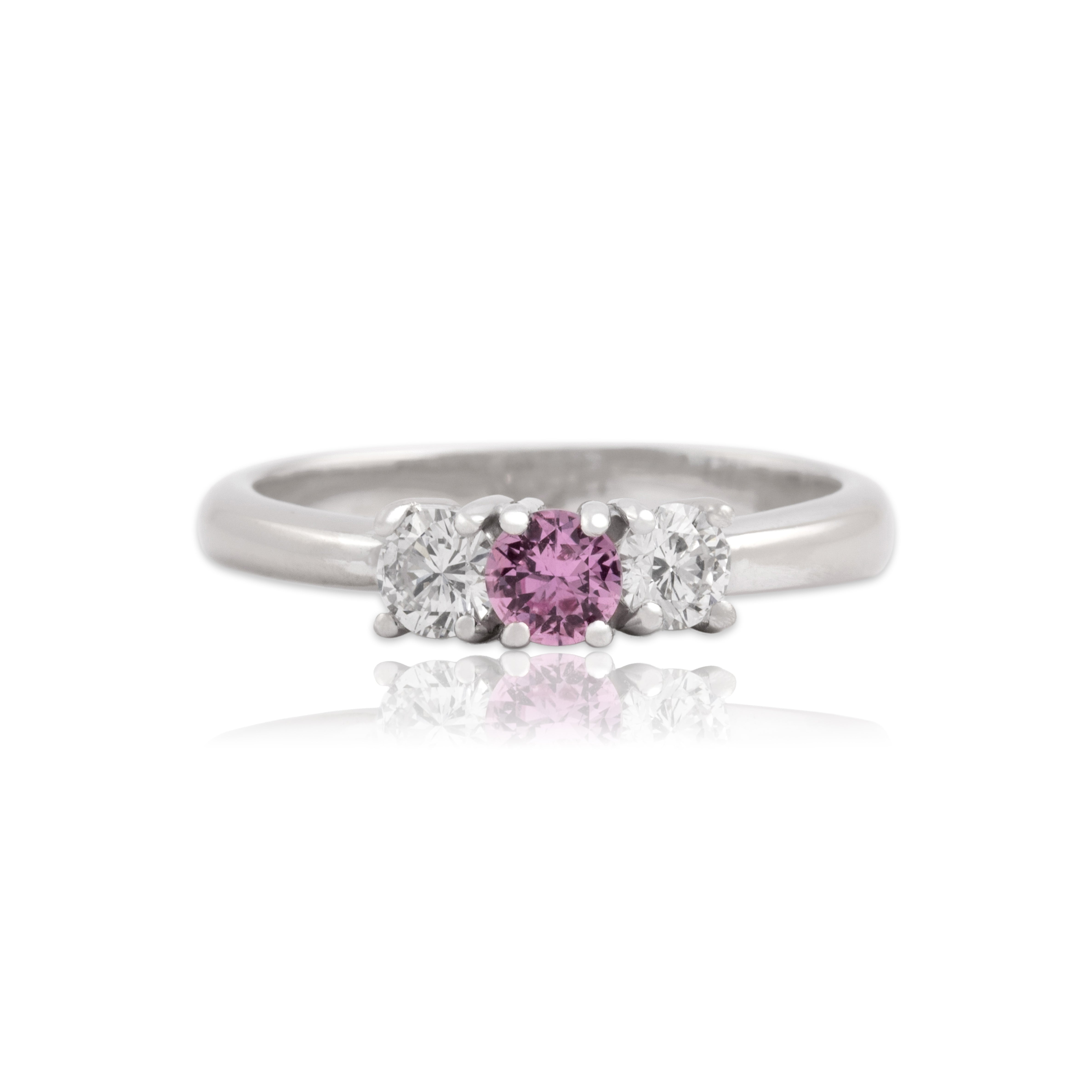 Estate 18k White Gold Pink Sapphire Diamond Shimmering Trio Ring - Close-up view