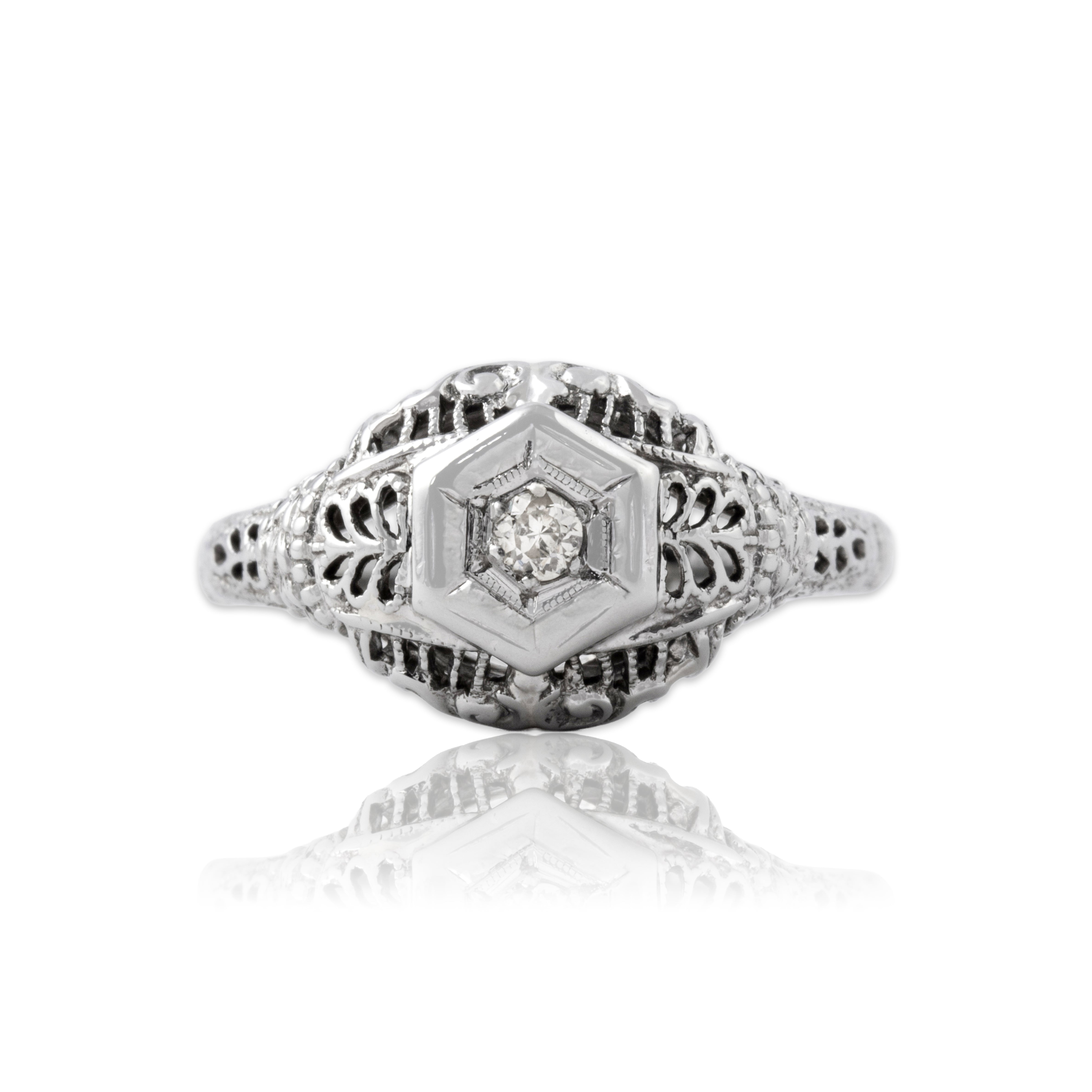 Antique Art Deco 18k White Gold Old European Cut Diamond Solitaire Ring 6.25