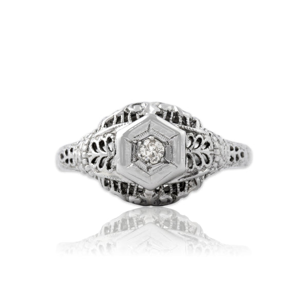 Antique Art Deco 18k White Gold Old European Cut Diamond Solitaire Ring 6.25