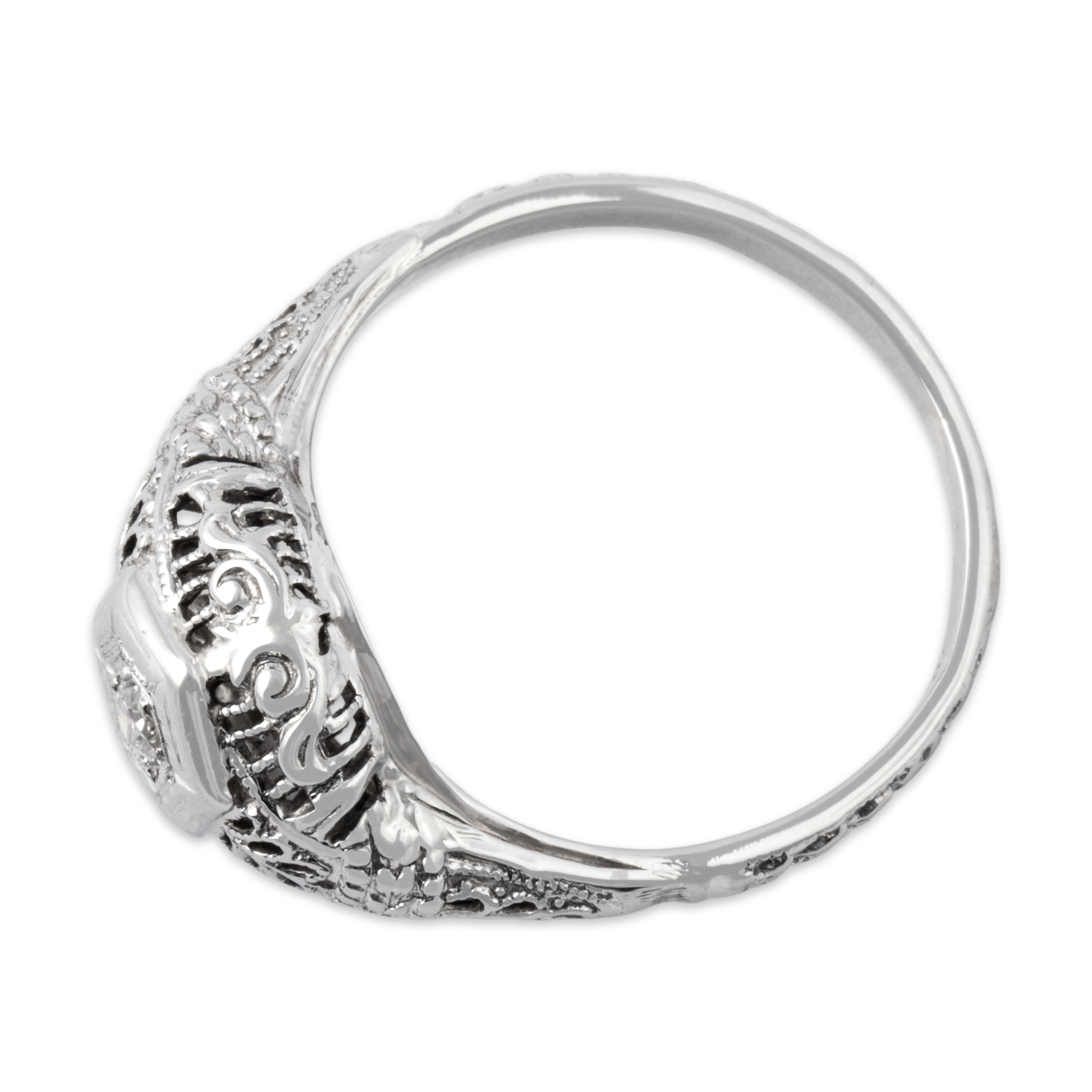 Antique Art Deco 18k White Gold Old European Cut Diamond Piercework Solitaire Ring - Overall view