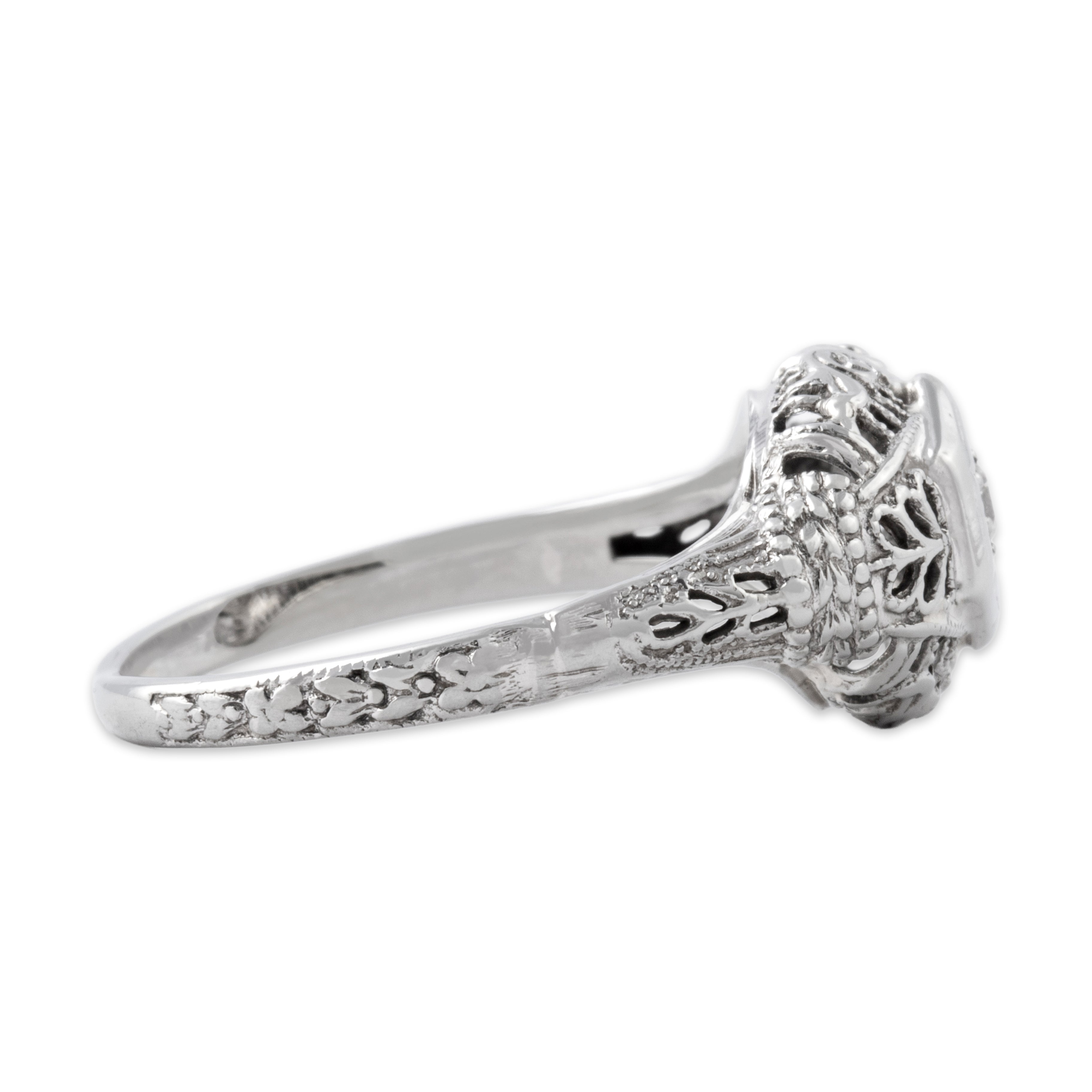 Antique Art Deco 18k White Gold Old European Cut Diamond Piercework Solitaire Ring - Side view