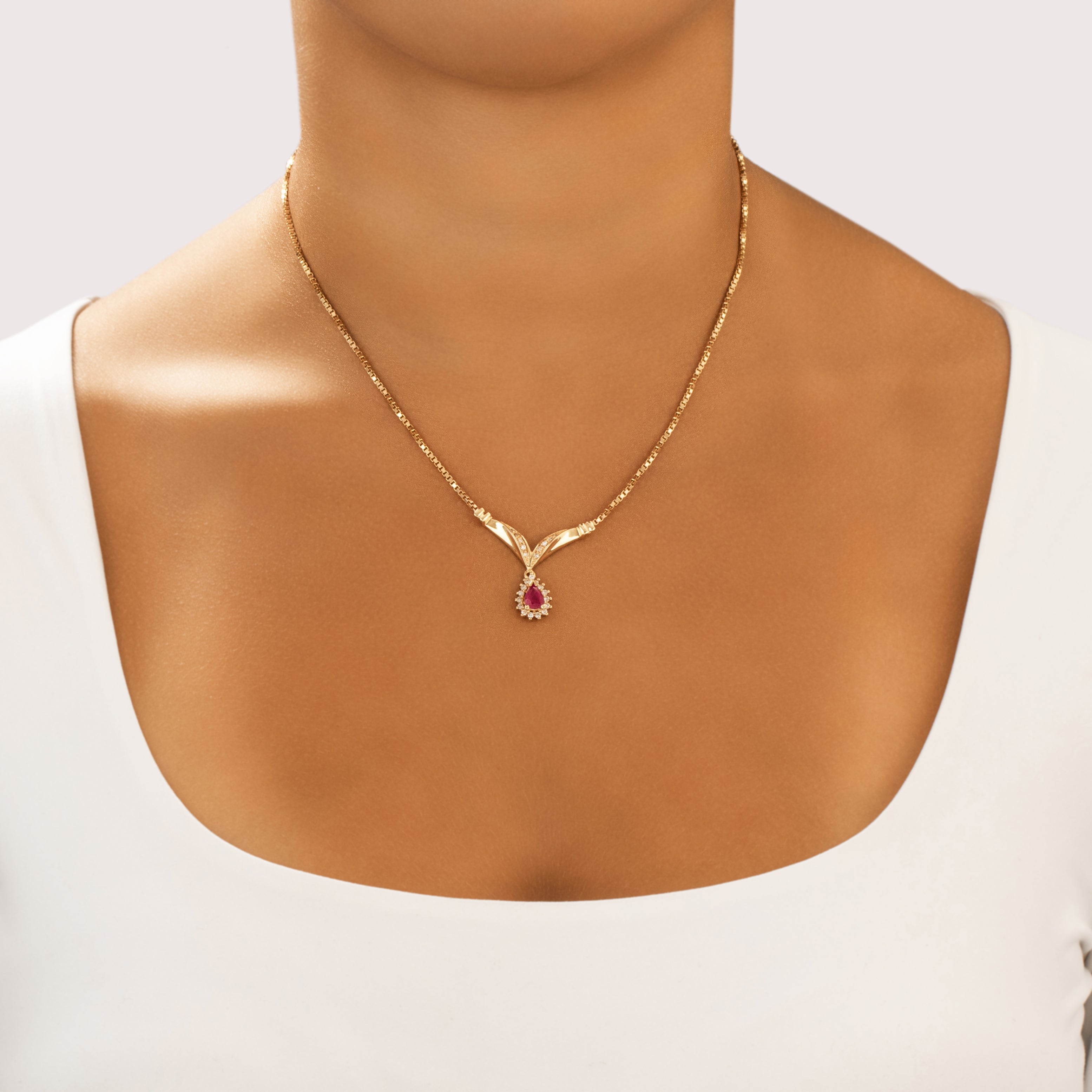 Vintage 14k Yellow Gold .91ct Ruby Diamond Fantastic Chevron Dangle Necklace - On model view