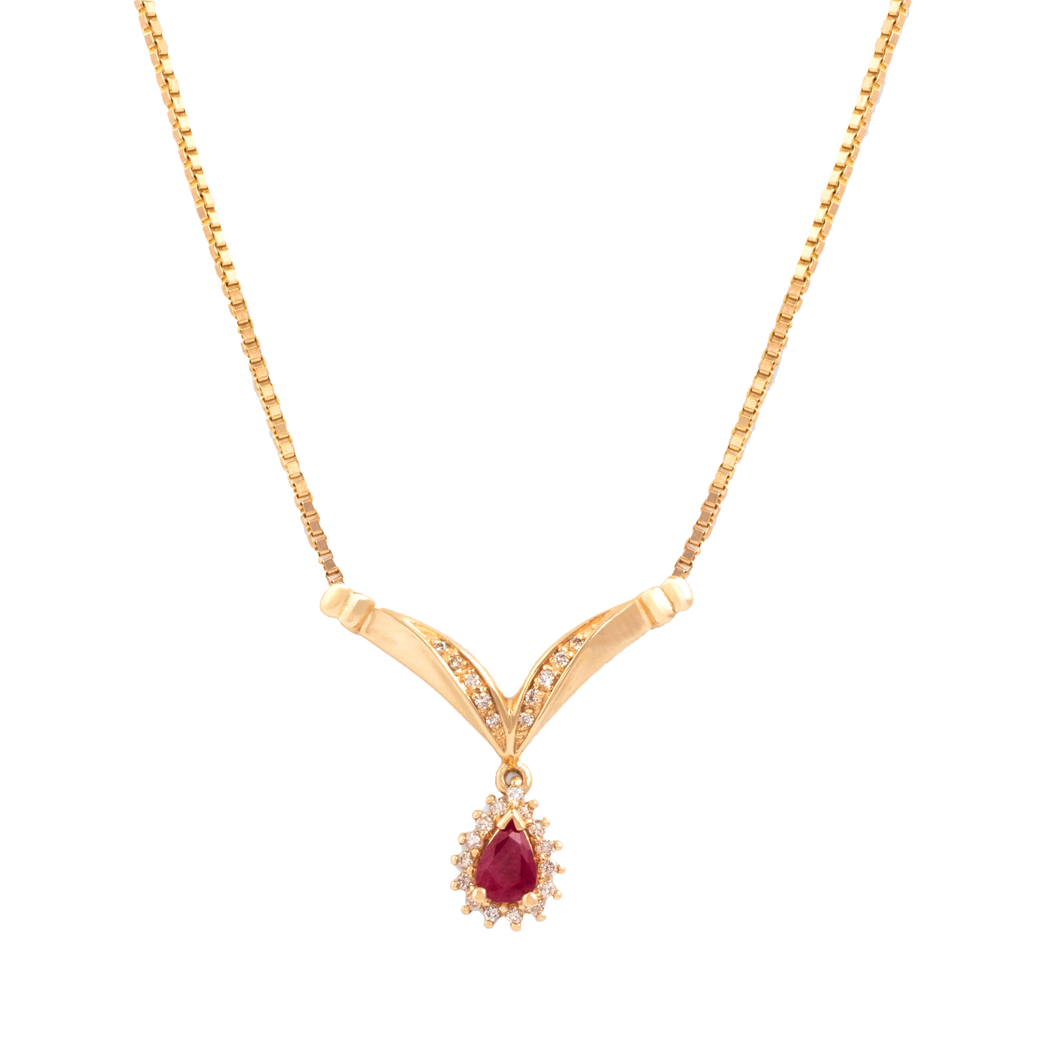 Vintage 14k Yellow Gold .91ct Ruby Diamond Elegant Chevron Dangle Necklace 17.25