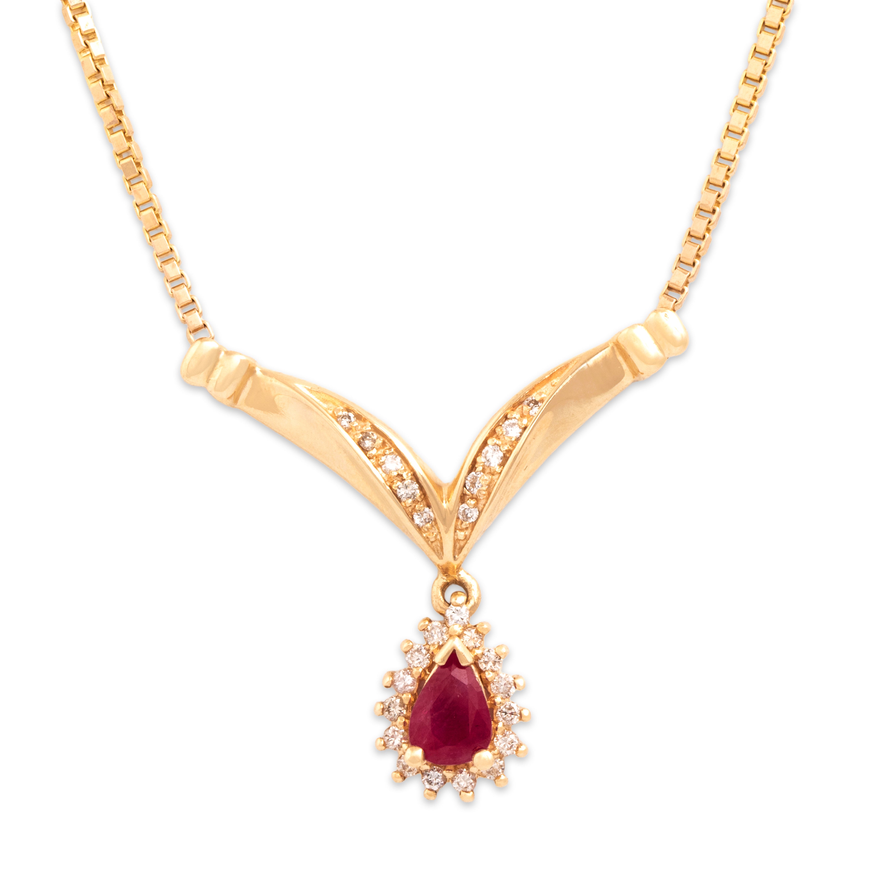 Vintage 14k Yellow Gold .91ct Ruby Diamond Elegant Chevron Dangle Necklace 17.25