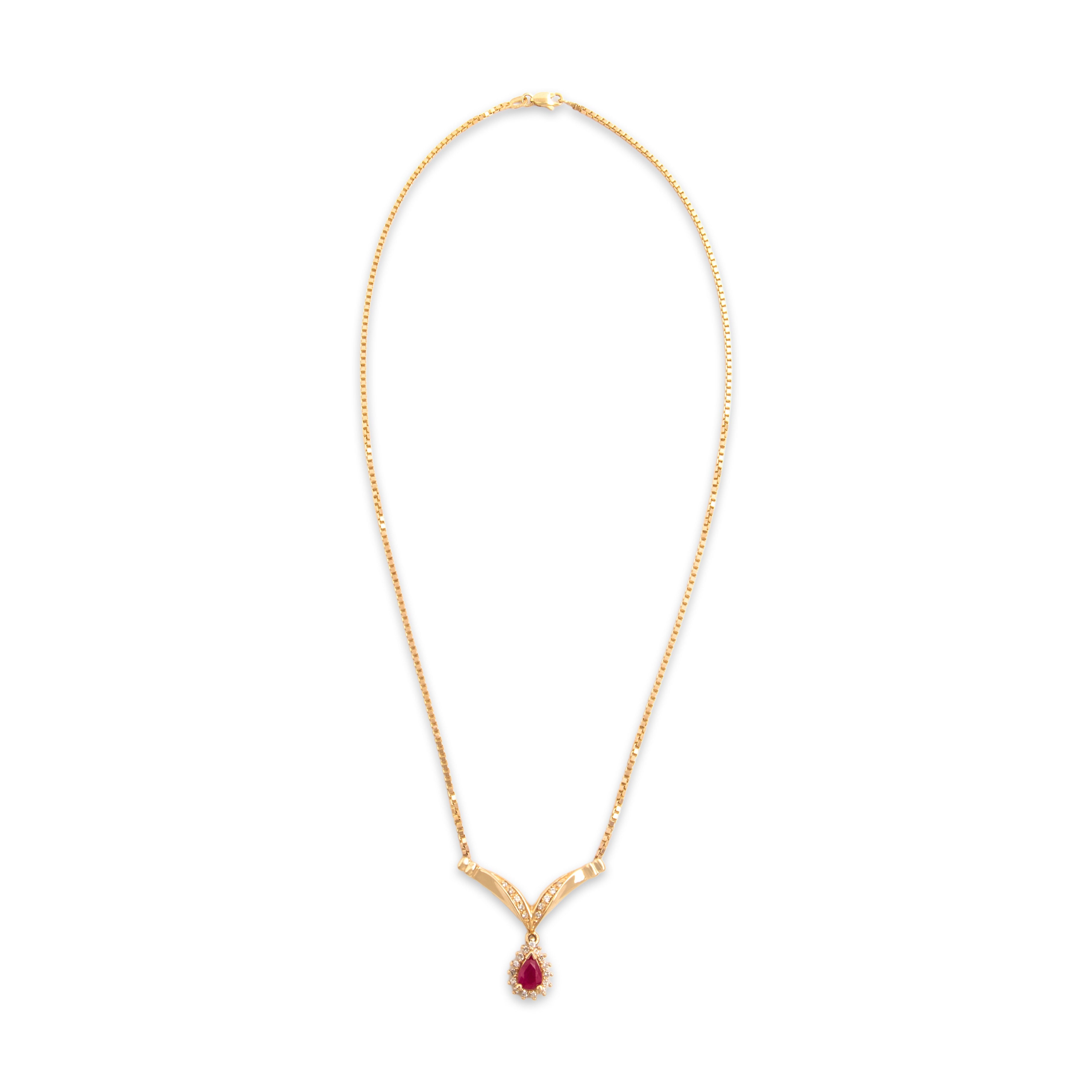 Vintage 14k Yellow Gold .91ct Ruby Diamond Fantastic Chevron Dangle Necklace - Overall view