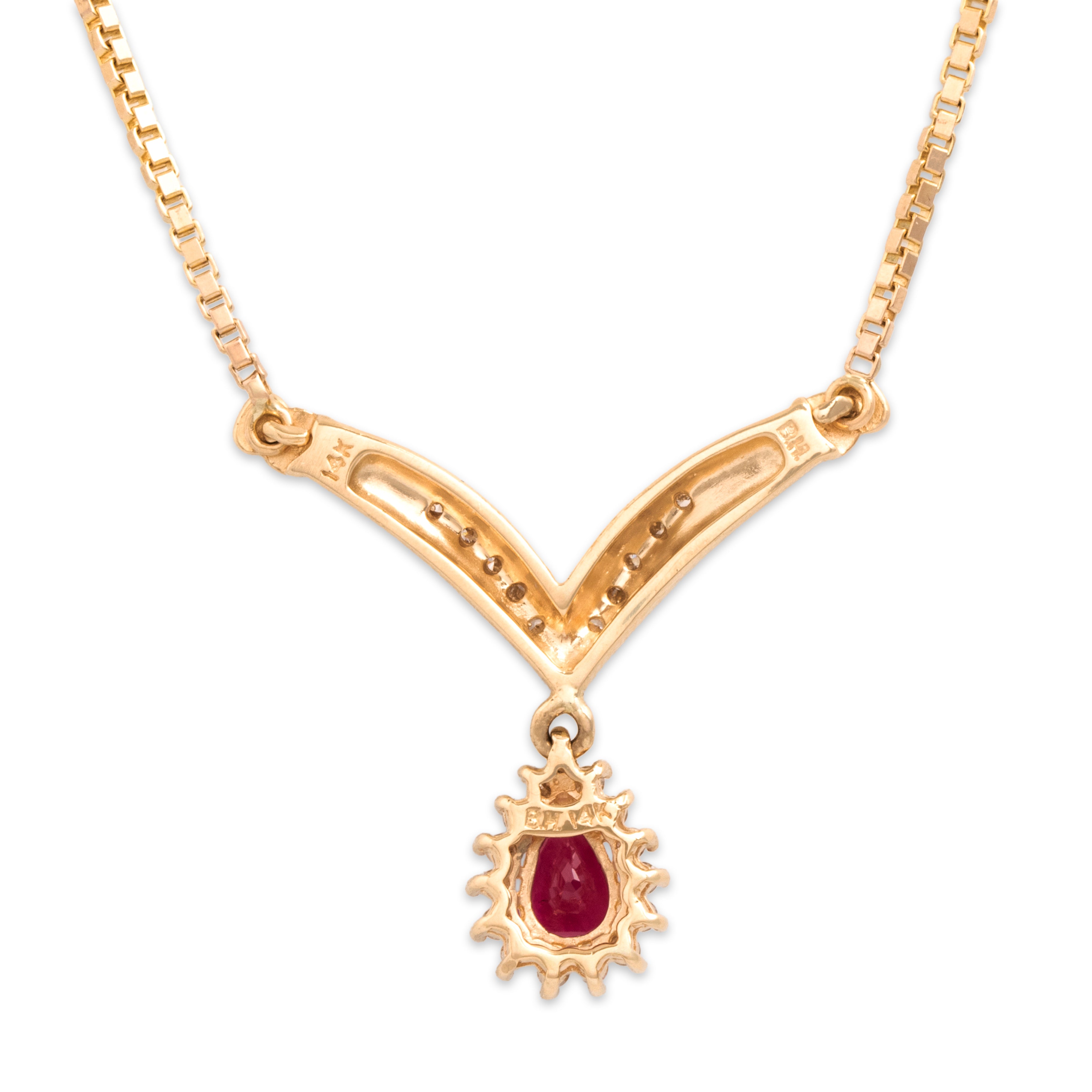 Vintage 14k Yellow Gold .91ct Ruby Diamond Fantastic Chevron Dangle Necklace - Back view