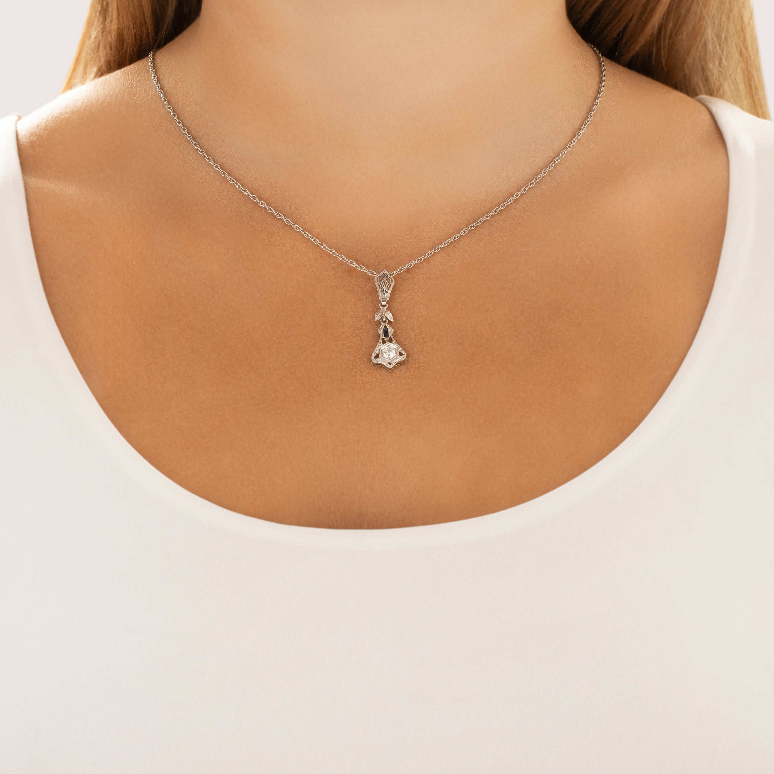 Antique Art Deco 14k White Gold Old European Cut Diamond Blue Synthetic Sapphire Dangle Pendant - On model view