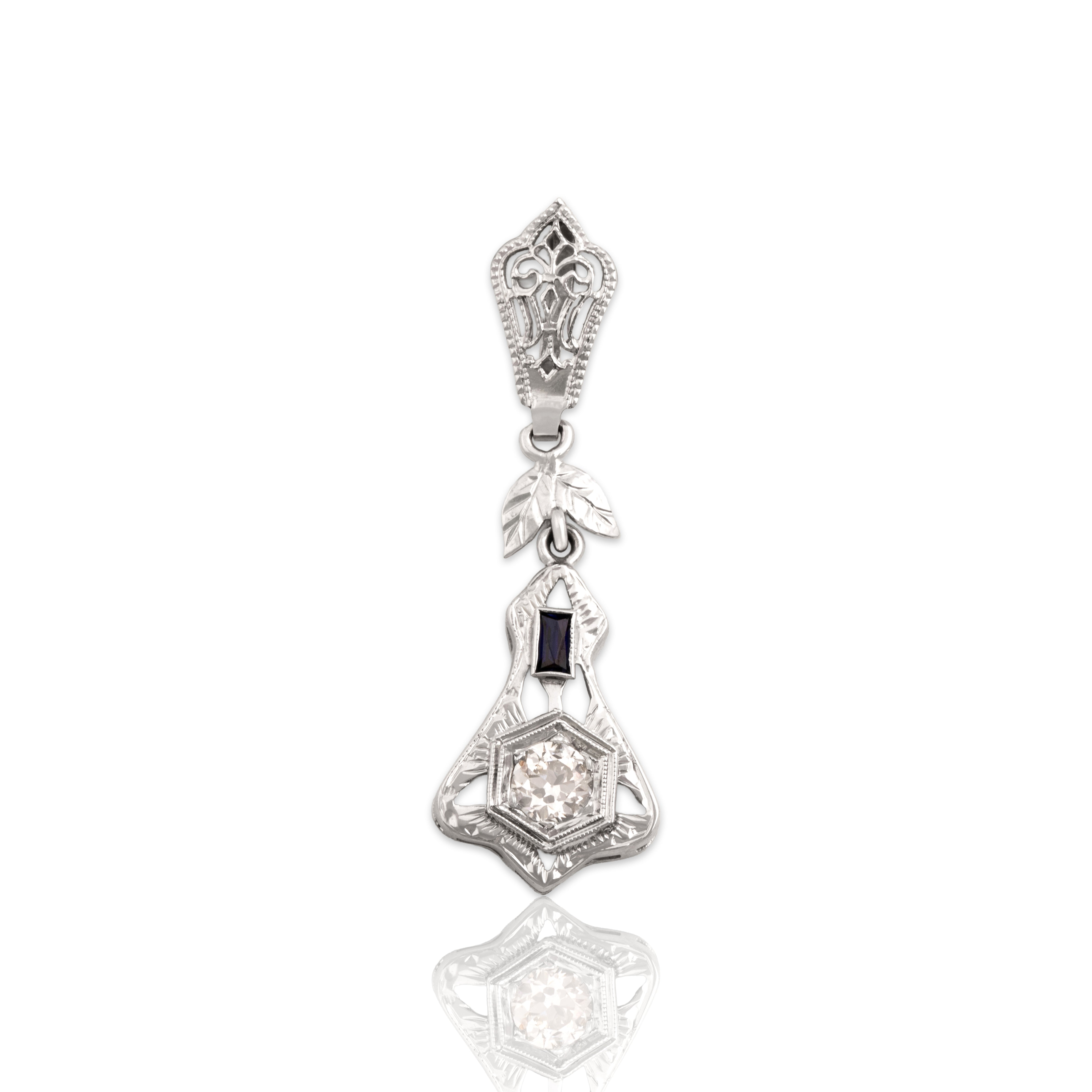 Antique Art Deco 14k White Gold Old European Cut Diamond Synthetic Sapphire Pendant