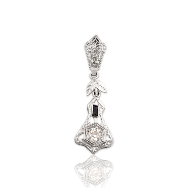 Antique Art Deco 14k White Gold Old European Cut Diamond Synthetic Sapphire Pendant