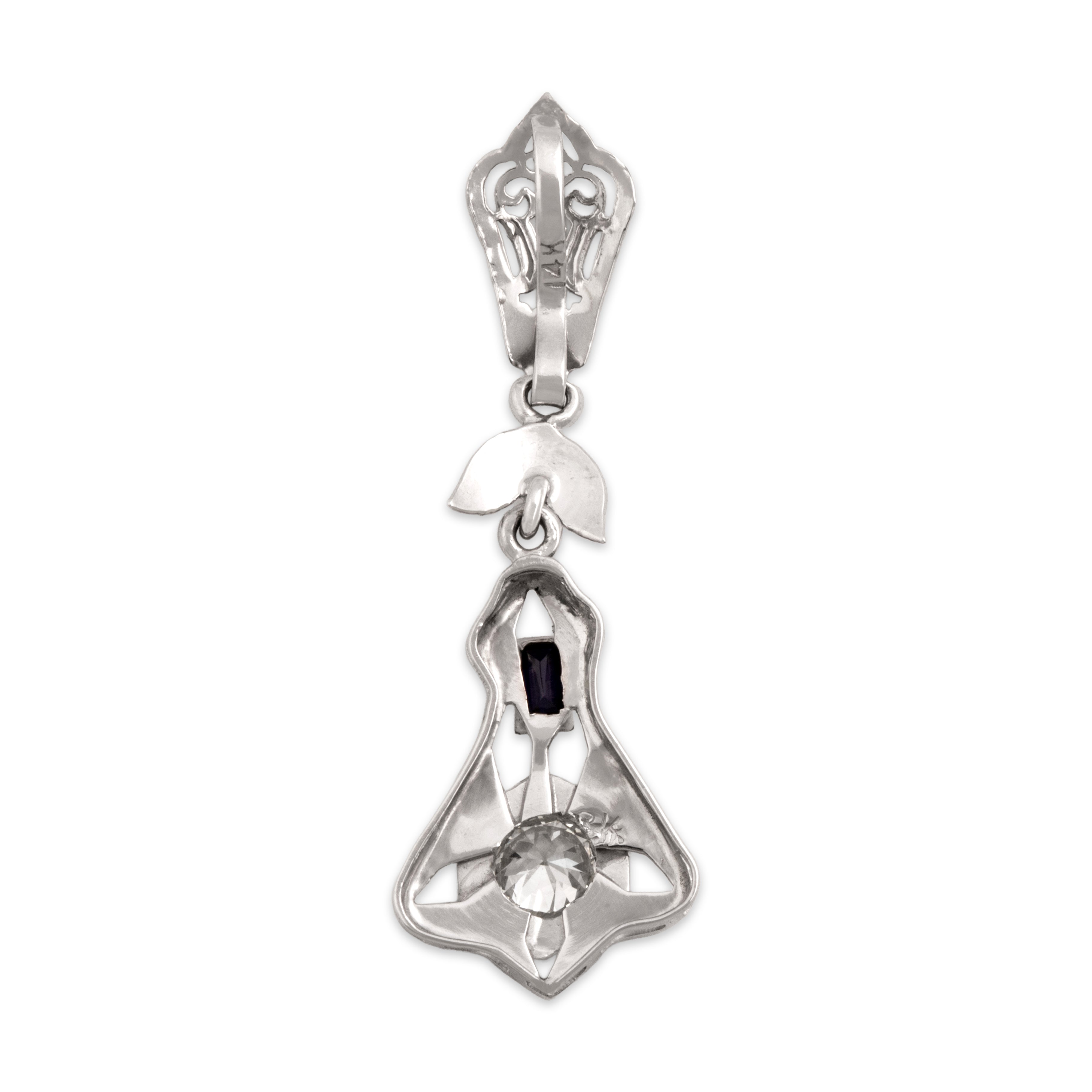 Antique Art Deco 14k White Gold Old European Cut Diamond Blue Synthetic Sapphire Dangle Pendant - Back view