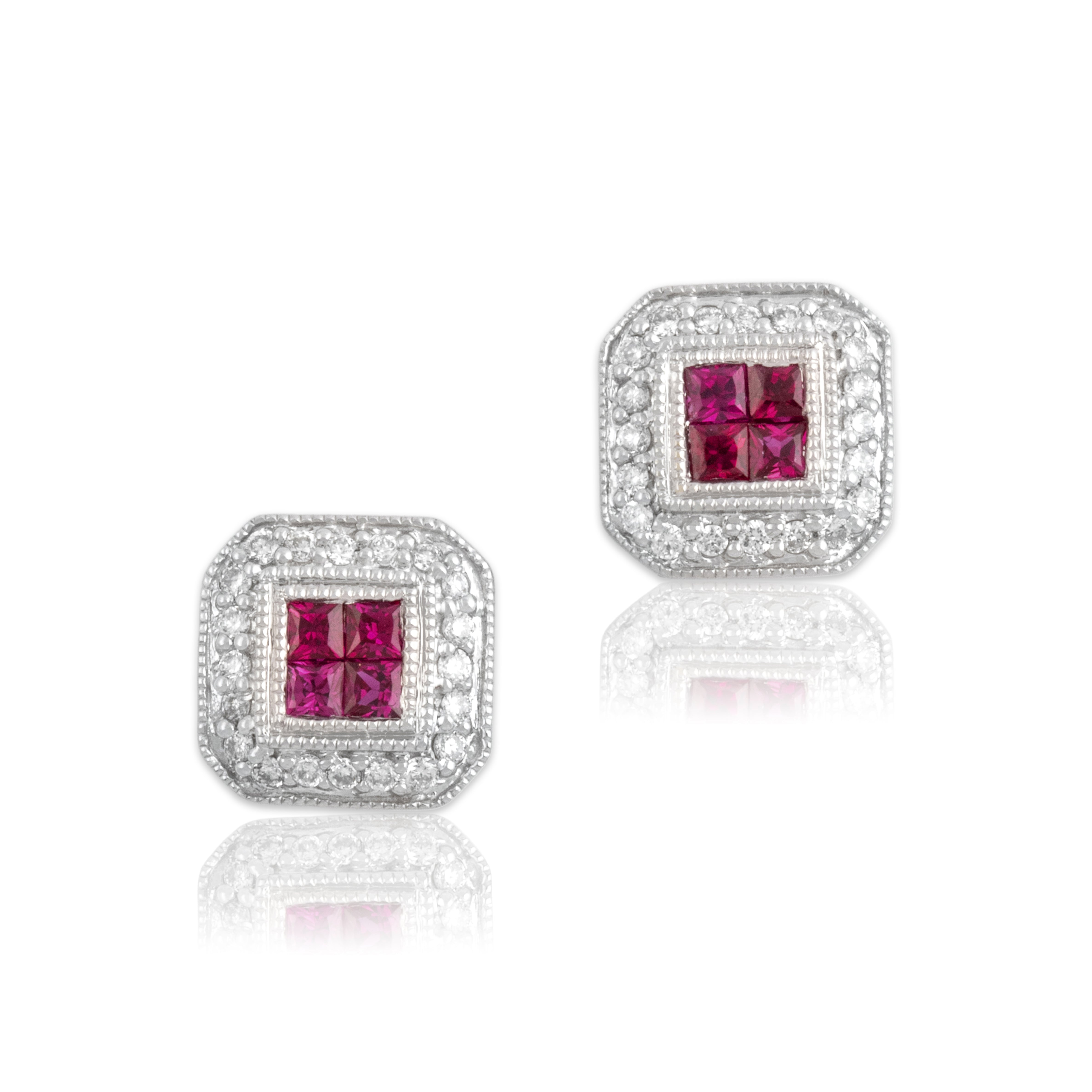 Estate 14k White Gold Ruby Diamond Elegant Square Halo Stud Earrings