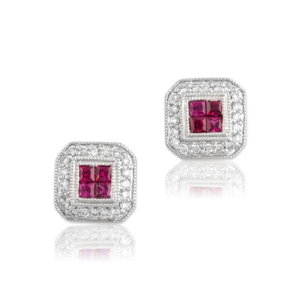 Estate 14k White Gold Ruby Diamond Elegant Square Halo Stud Earrings