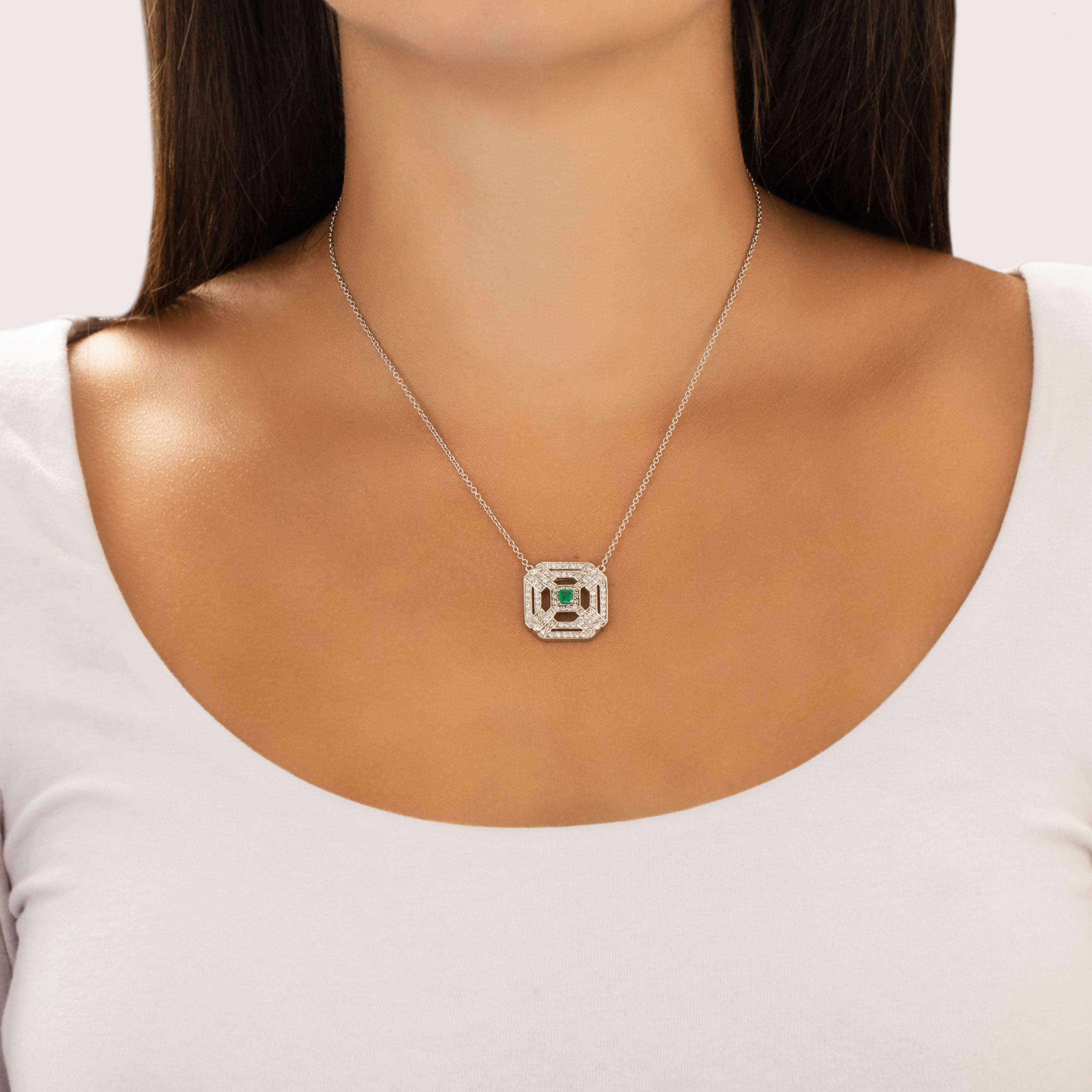 Vintage Italian 14k White Gold .67cttw Diamond Emerald Fantastic Geometric Openwork Necklace - On model view