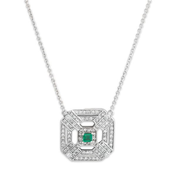 Vintage Italian 14k White Gold .67cttw Diamond Emerald Openwork Necklace 16.5