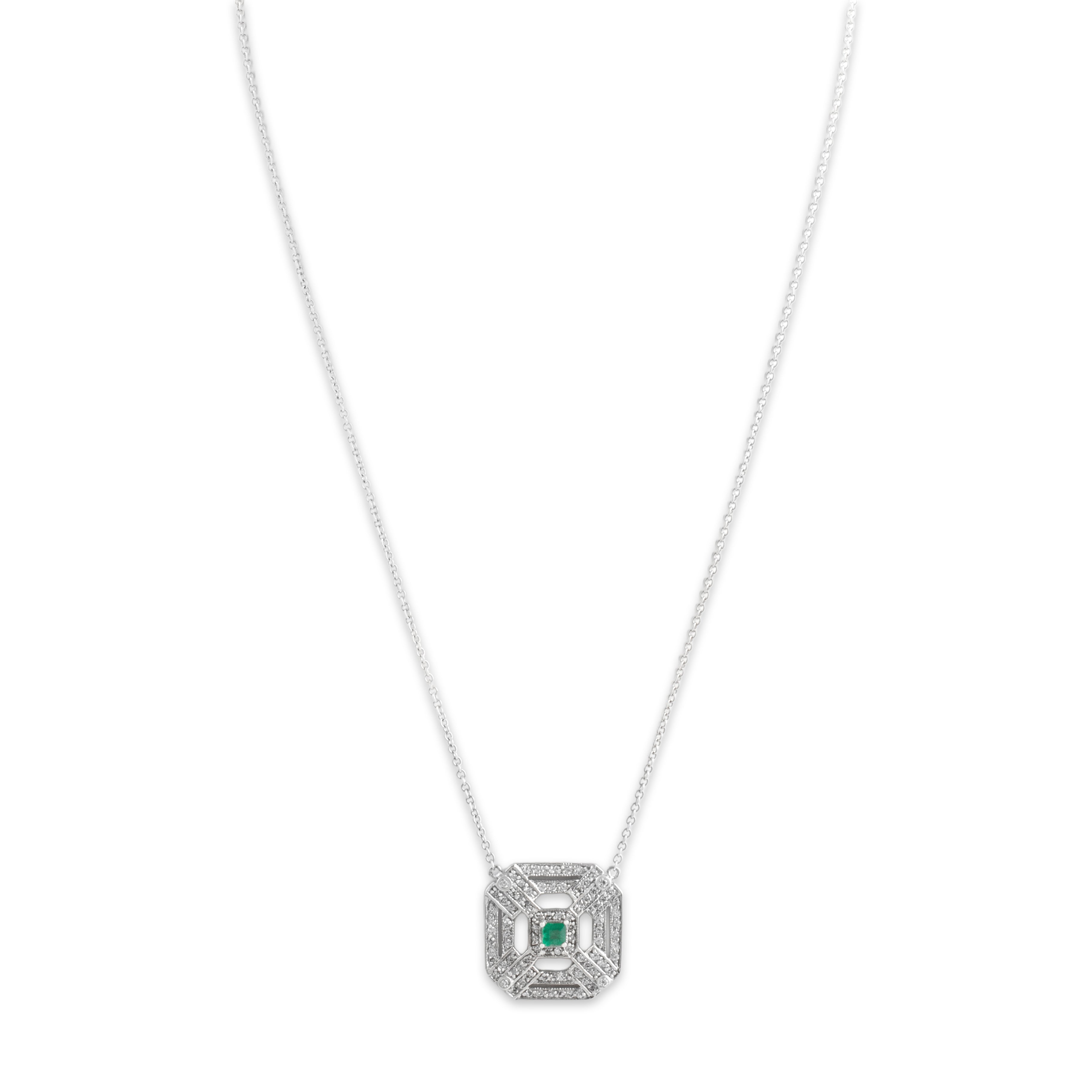 Vintage Italian 14k White Gold .67cttw Diamond Emerald Fantastic Geometric Openwork Necklace - Close-up view