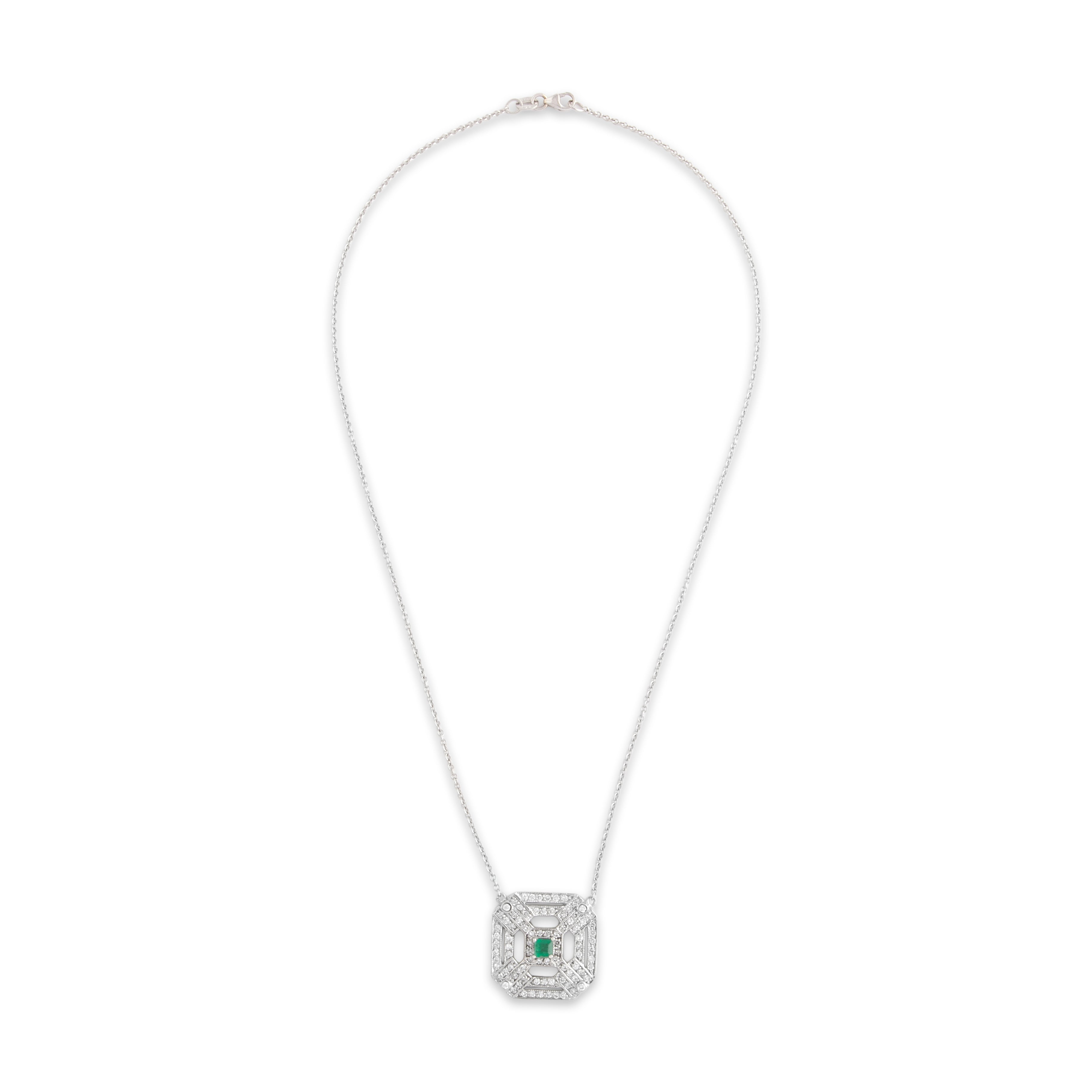 Vintage Italian 14k White Gold .67cttw Diamond Emerald Fantastic Geometric Openwork Necklace - Overall view
